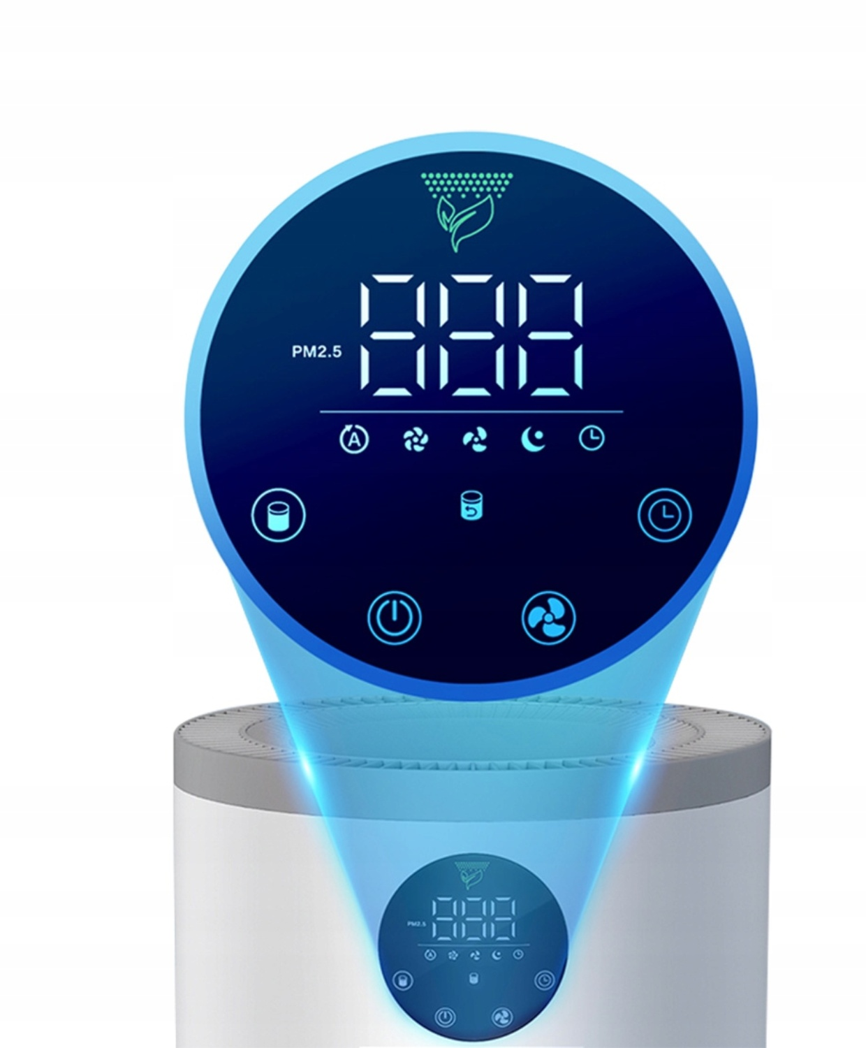 Luftreiniger-Display zeigt PM2.5-Wert und Symbole für Lüfter, Nachtmodus und Timer.
