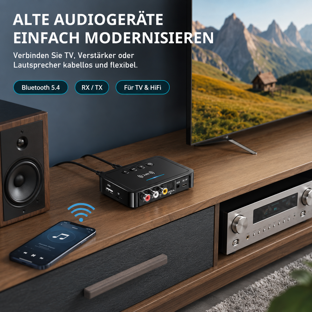 Ein schwarzer Bluetooth-Empfänger verbindet Lautsprecher, TV und Smartphone.