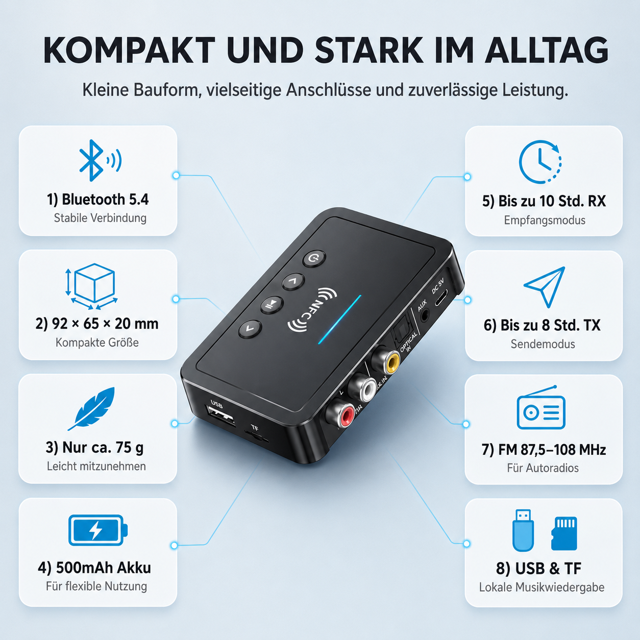 Ein schwarzes Bluetooth-Gerät mit Anschlüssen und Spezifikationen.