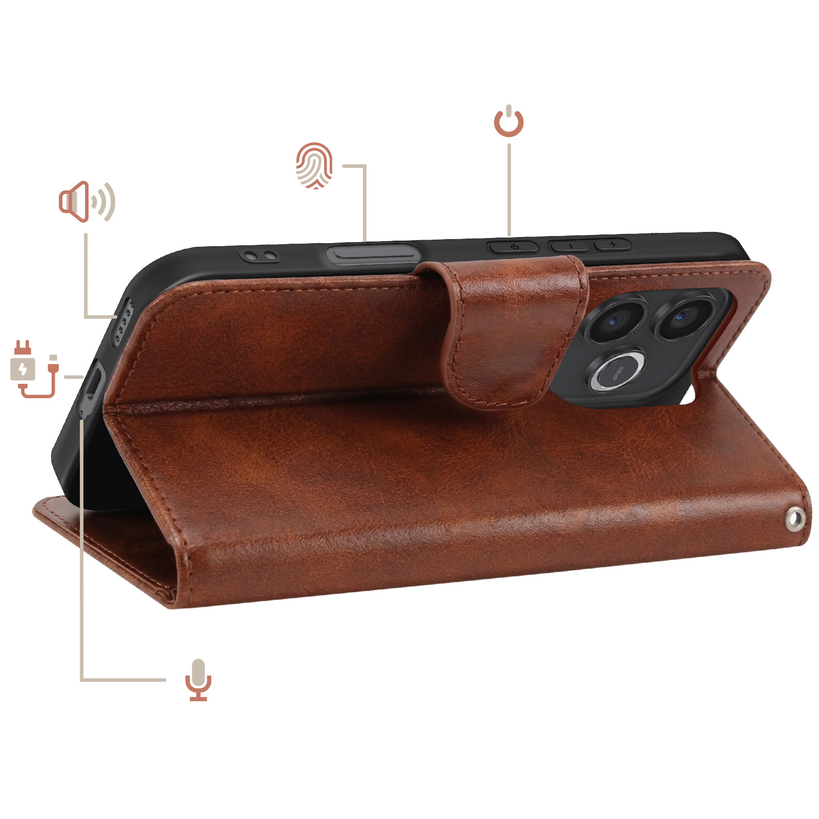 Eine braune Lederhülle für ein Smartphone mit hervorgehobenen Tasten und Anschlüssen.