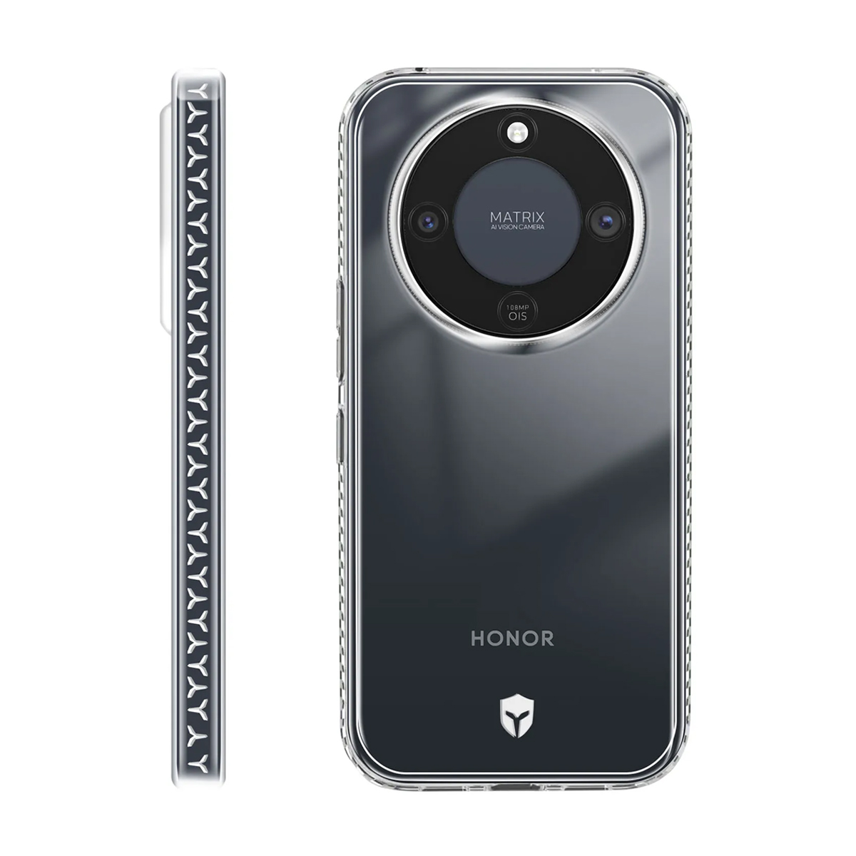 Ein transparentes Handycase mit HONOR-Logo und Kamera-Array.