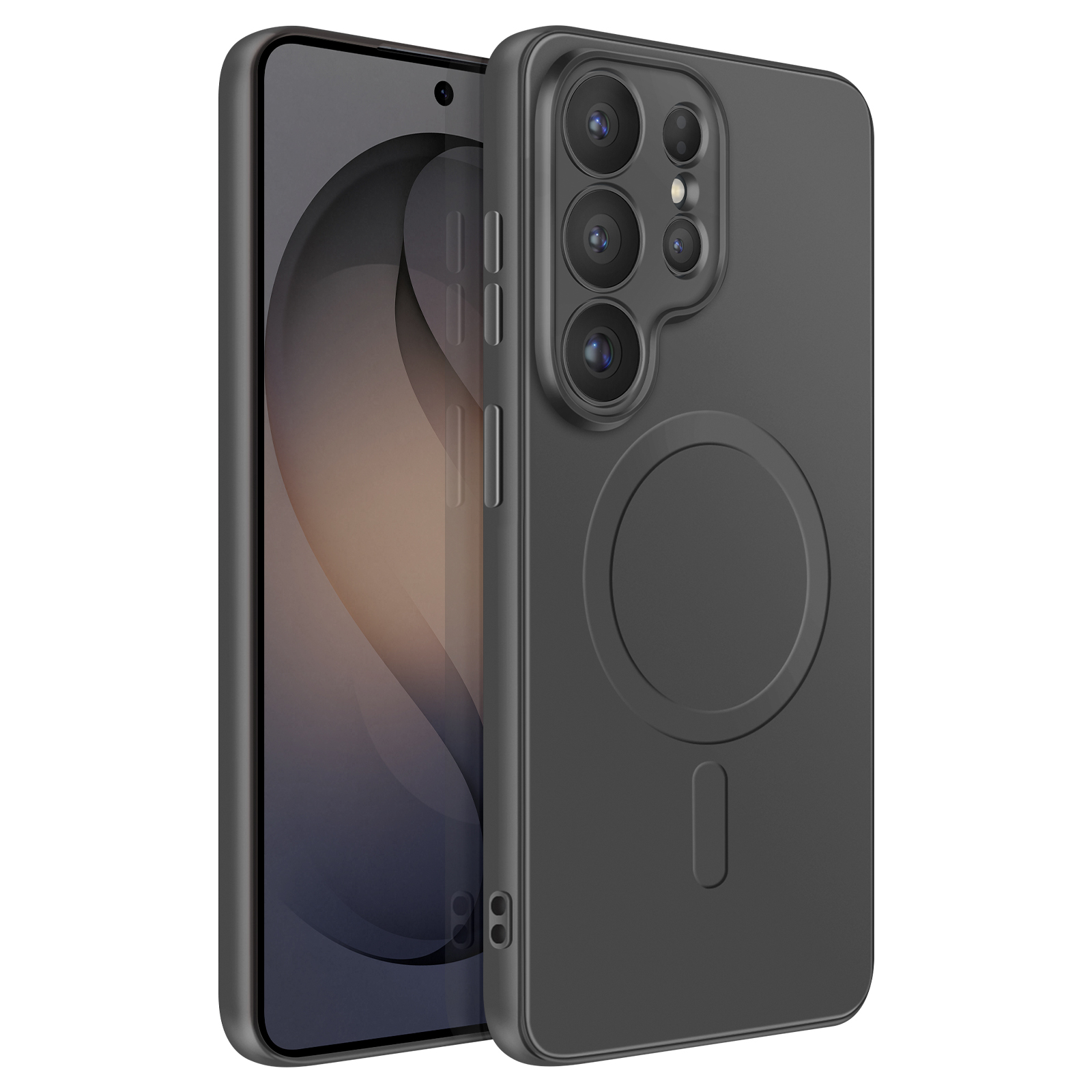 Dunkelgraues Handy mit Kameralinsen und Magnetring auf der Rückseite.