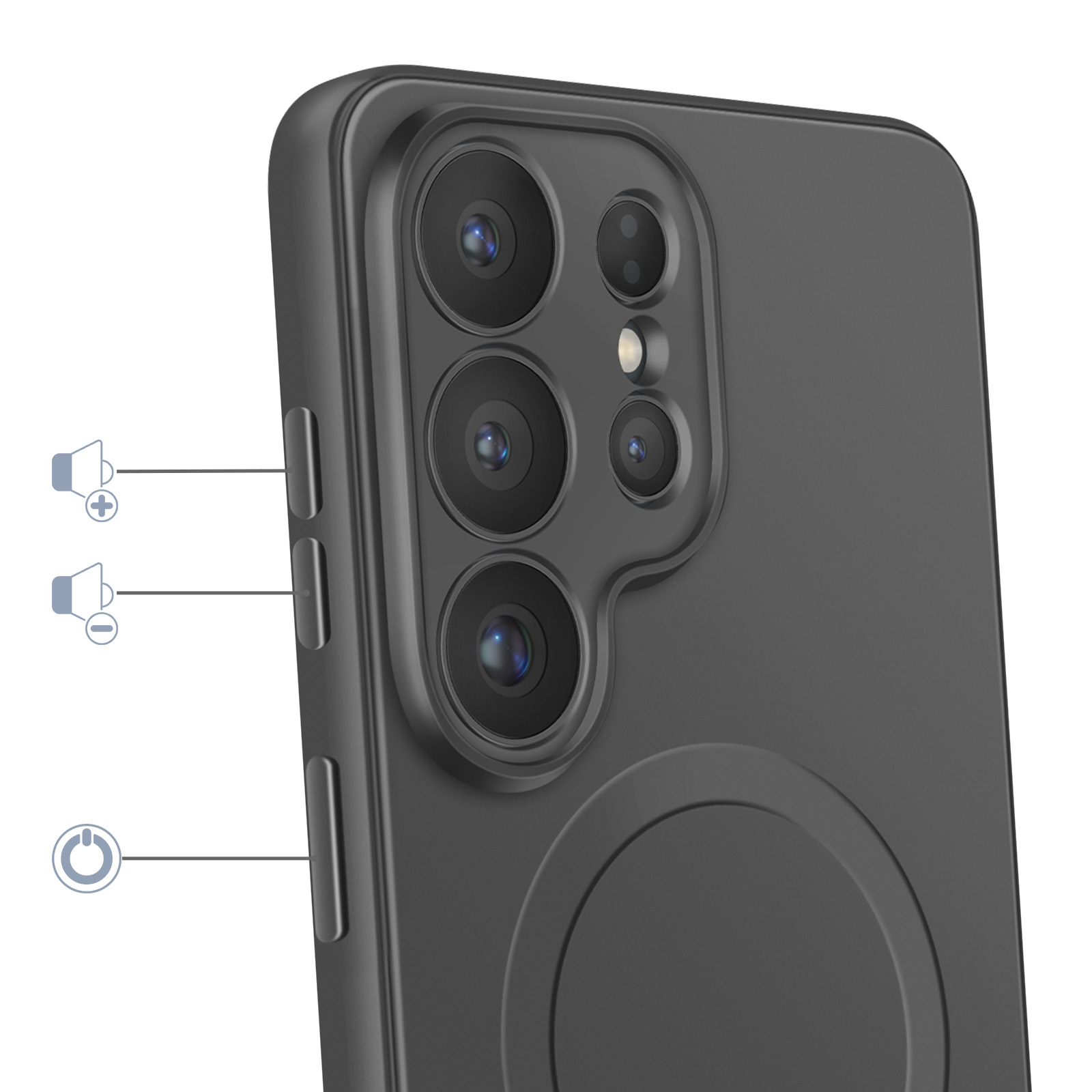 Dunkelgraues Handy mit vier Kameralinsen, Lautstärke- und Ein/Aus-Tasten.
