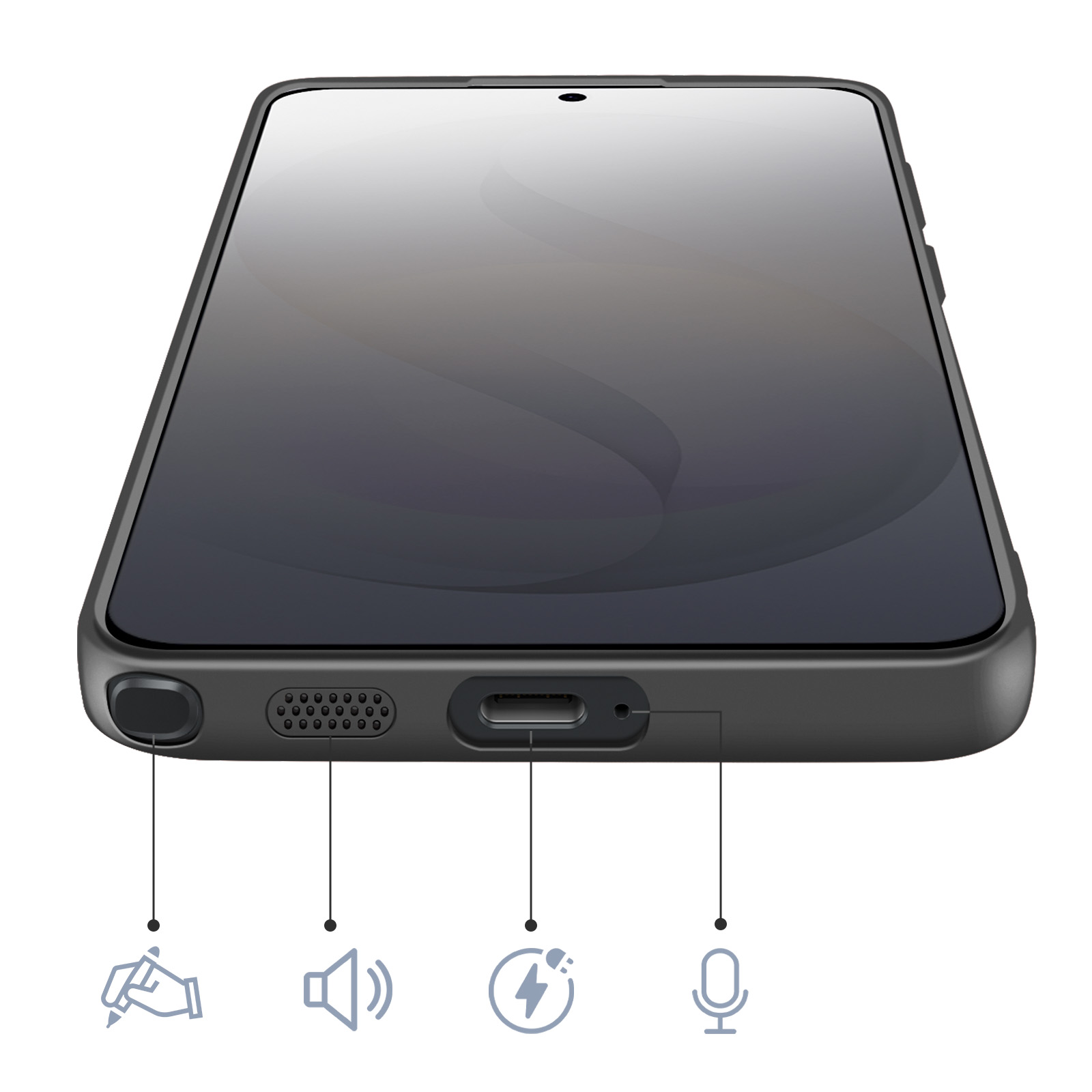 Nahaufnahme eines schwarzen Smartphones, das unten eine Ladebuchse, Lautsprecher und einen Stiftanschluss zeigt.