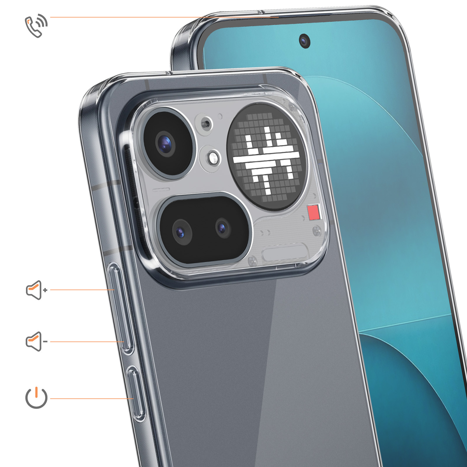 Funda transparente para teléfono, mostrando cámaras, botones de volumen y encendido.