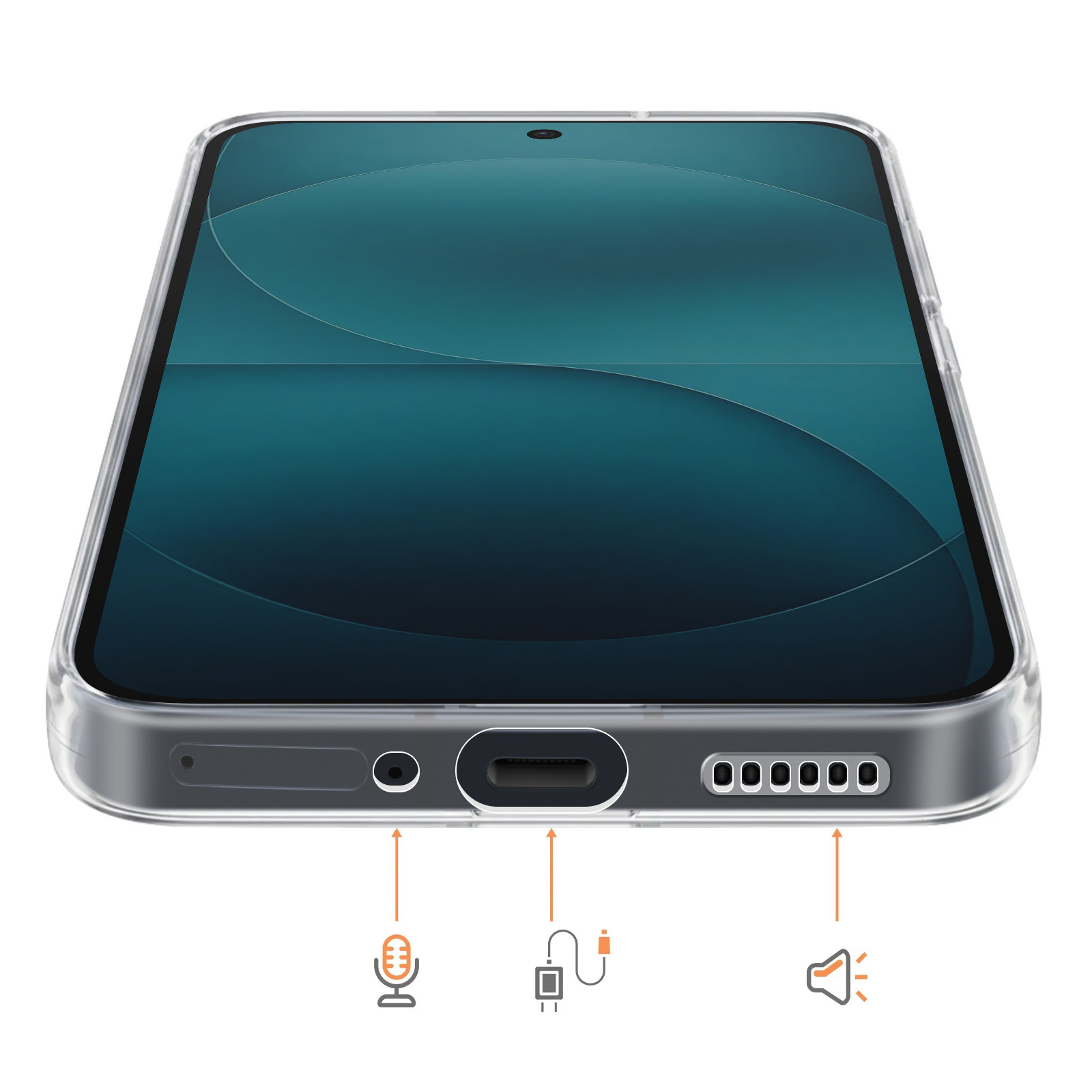 Una funda transparente para teléfono muestra micrófono, puerto de carga y altavoz.