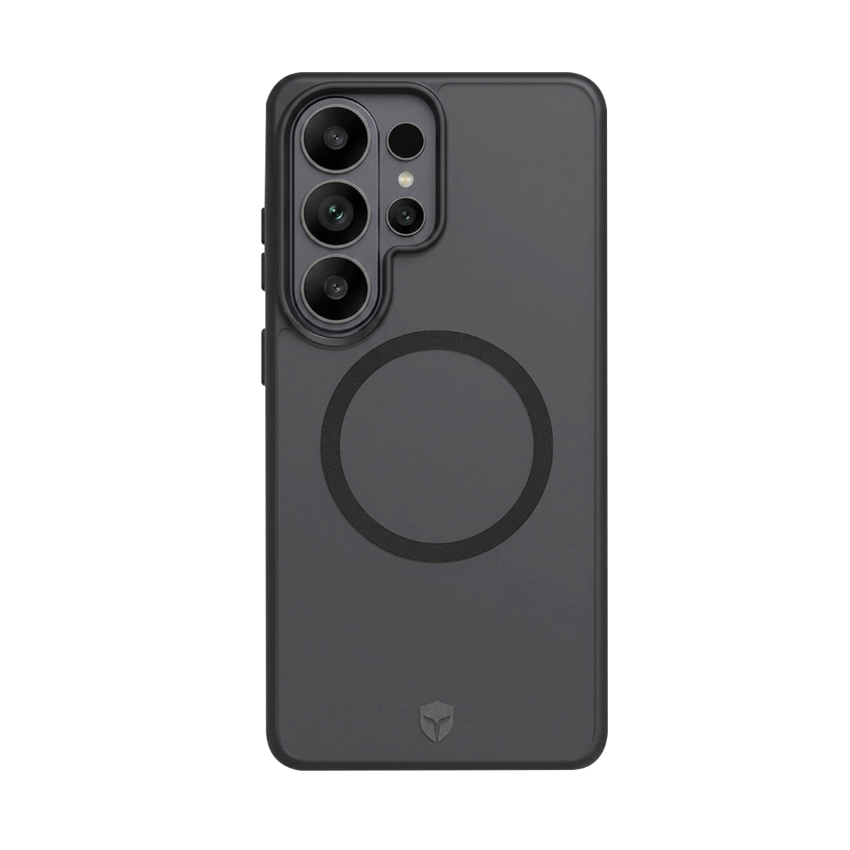 Una funda de teléfono negra con un anillo magnético circular y un bulto de cámara con cuatro lentes.