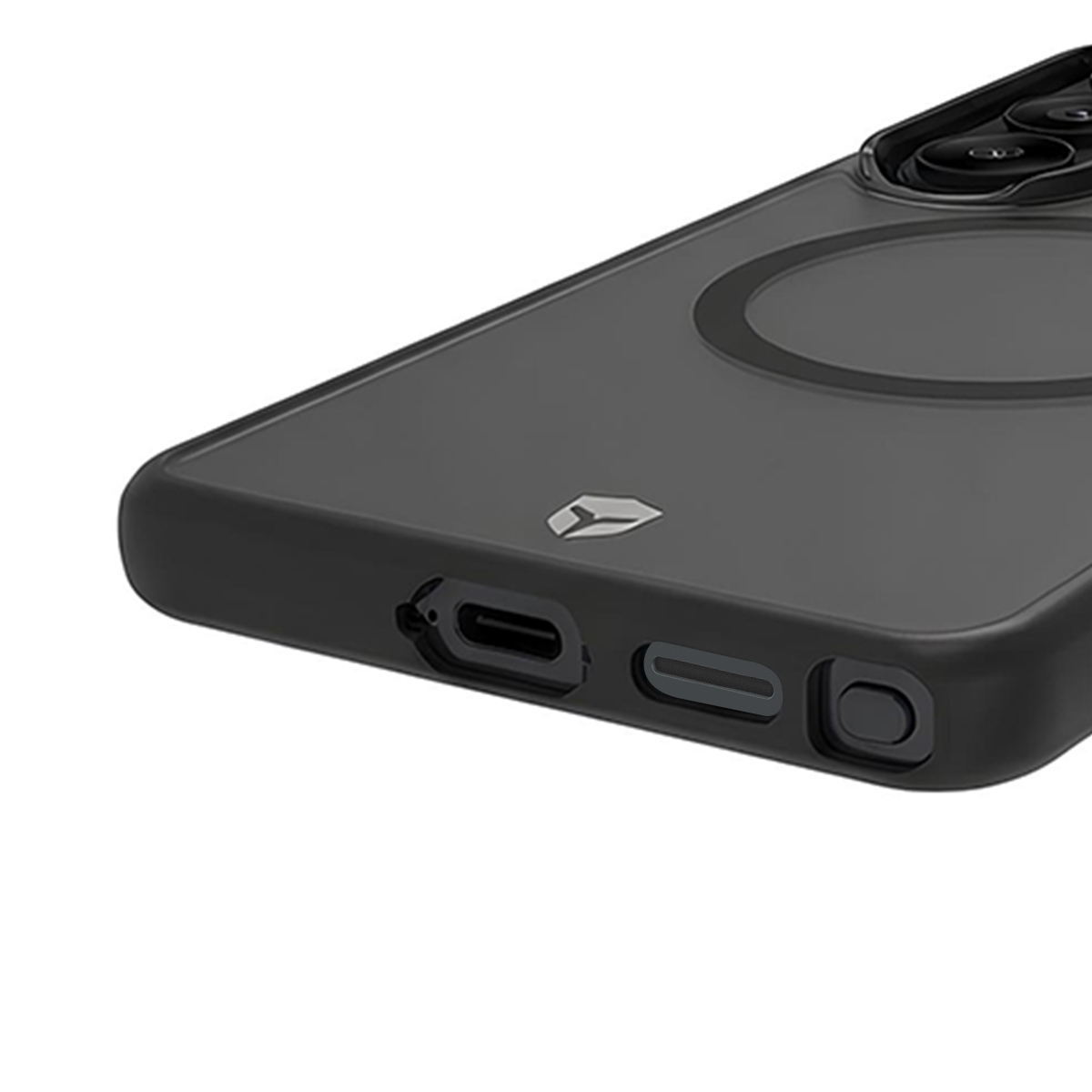 Funda negra para teléfono con puerto de carga y anillo MagSafe.