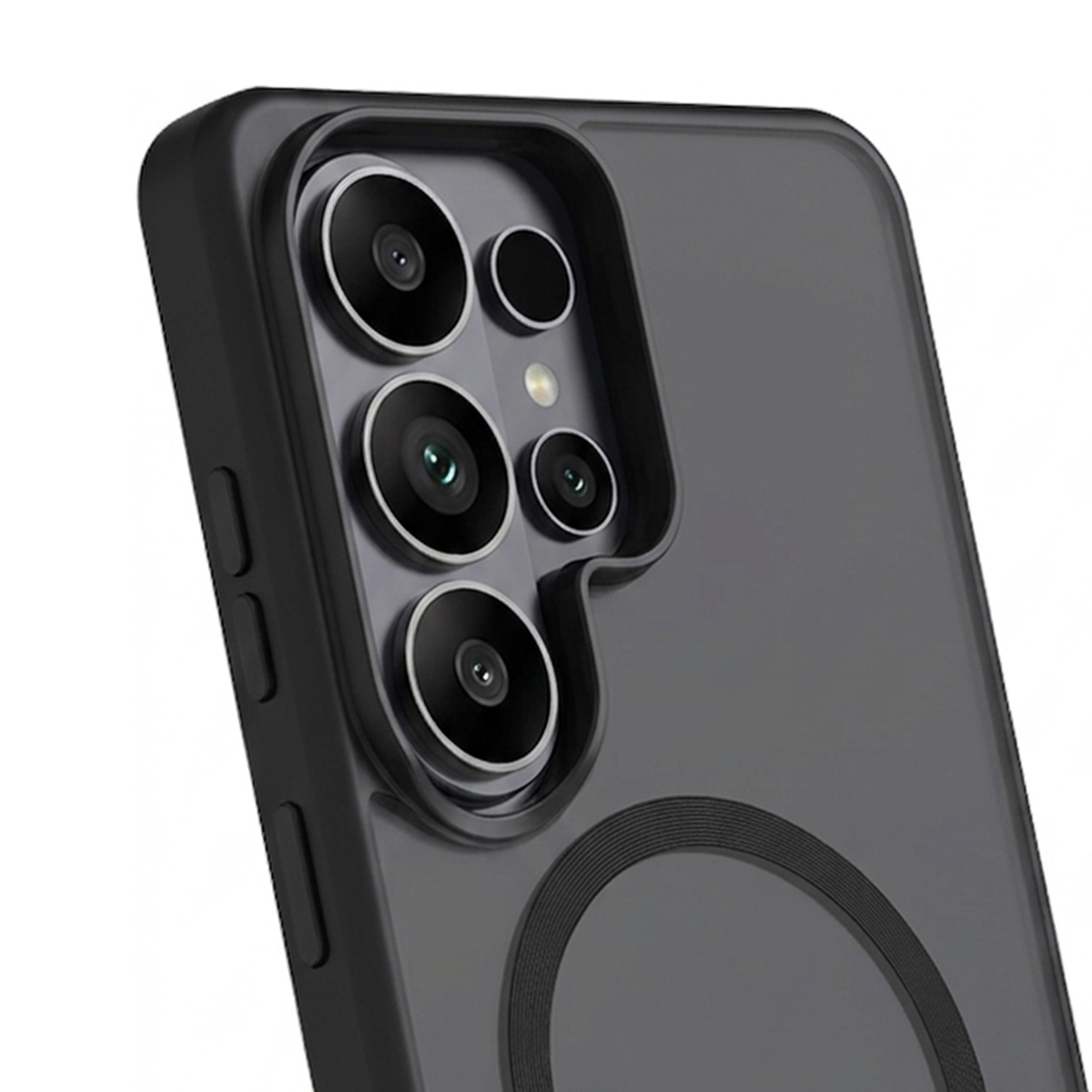 Parte trasera de un smartphone oscuro con cuatro lentes de cámara y un anillo magnético.
