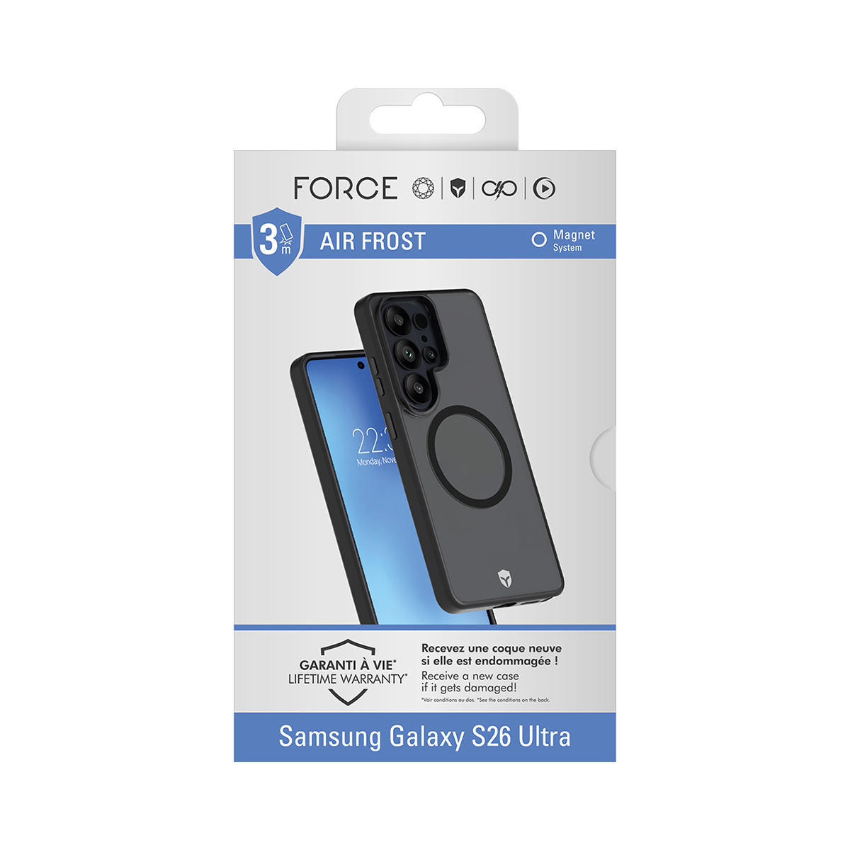 Embalaje para una funda Samsung Galaxy S26 Ultra con sistema magnético.