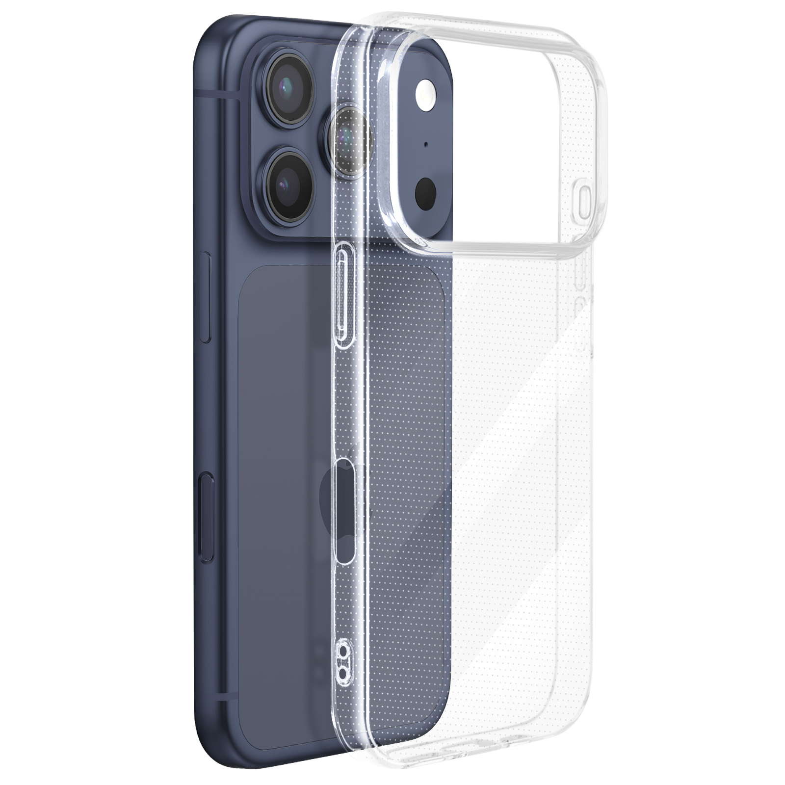 Dunkelblaues Smartphone mit transparentem Schutzgehäuse, Kameras auf der Rückseite.