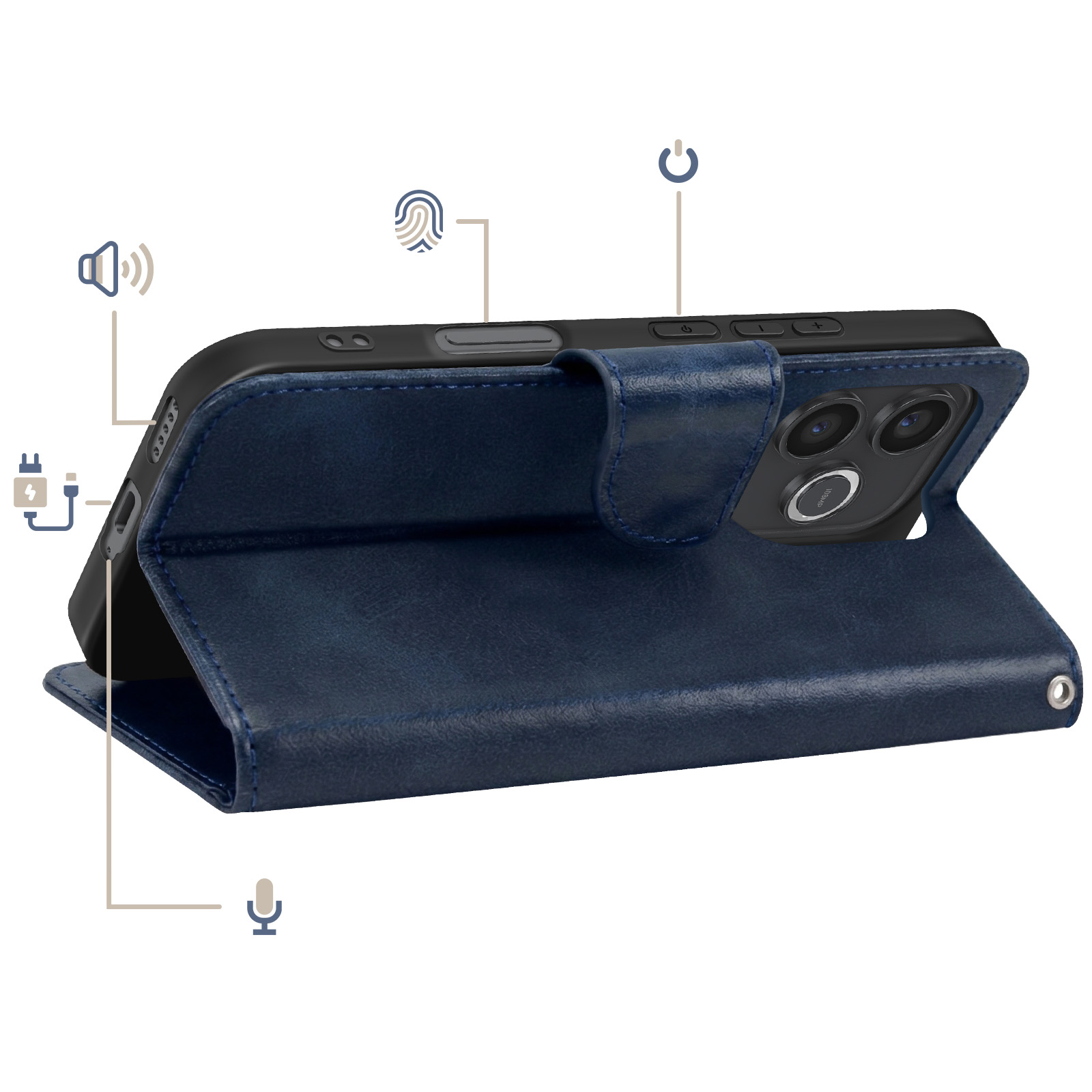 Dunkelblaues Leder-Flip-Case für ein Smartphone mit Kamera, Knöpfen und Anschlüssen.