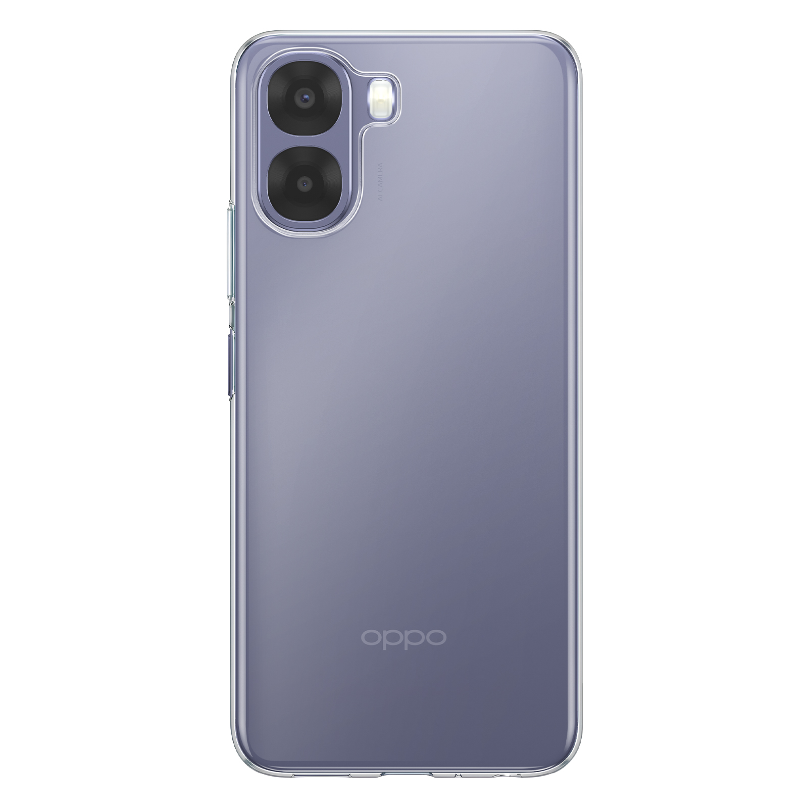 Funda transparente para móvil con cámara dual y flash. Logo Oppo abajo.