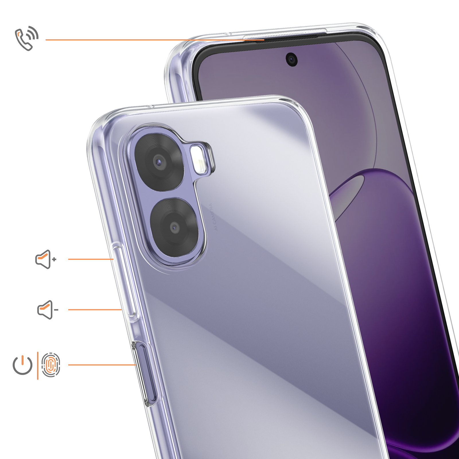 Funda transparente para teléfono con cámara y botón de encendido.
