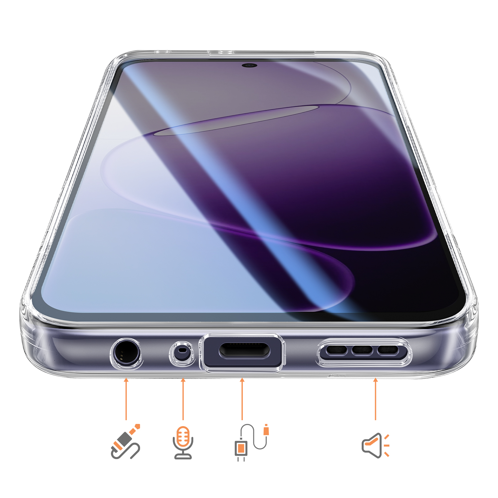 Funda de teléfono transparente mostrando puertos: auriculares, micrófono, USB-C, altavoz.