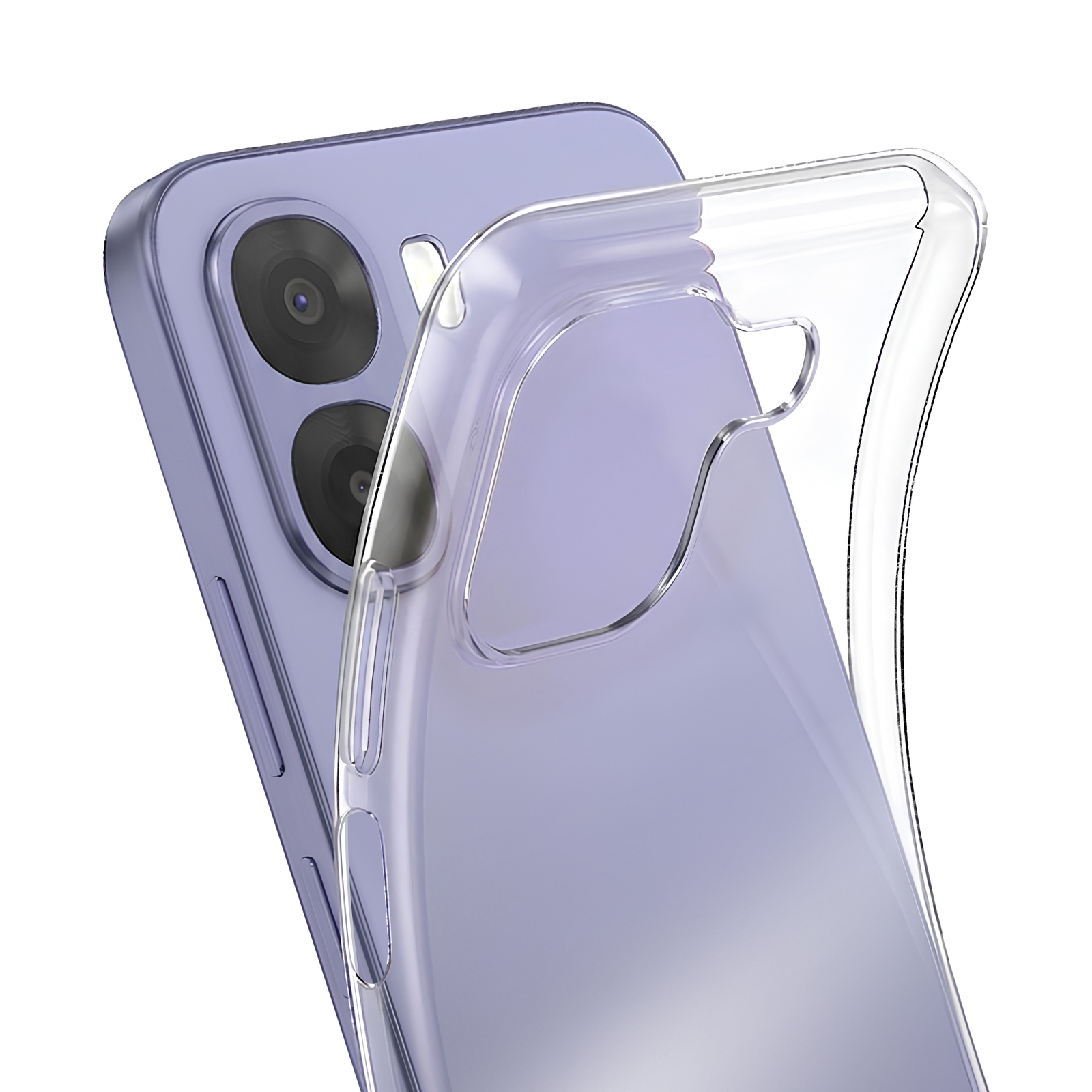 Una funda transparente para teléfono descansa sobre un teléfono inteligente lavanda.