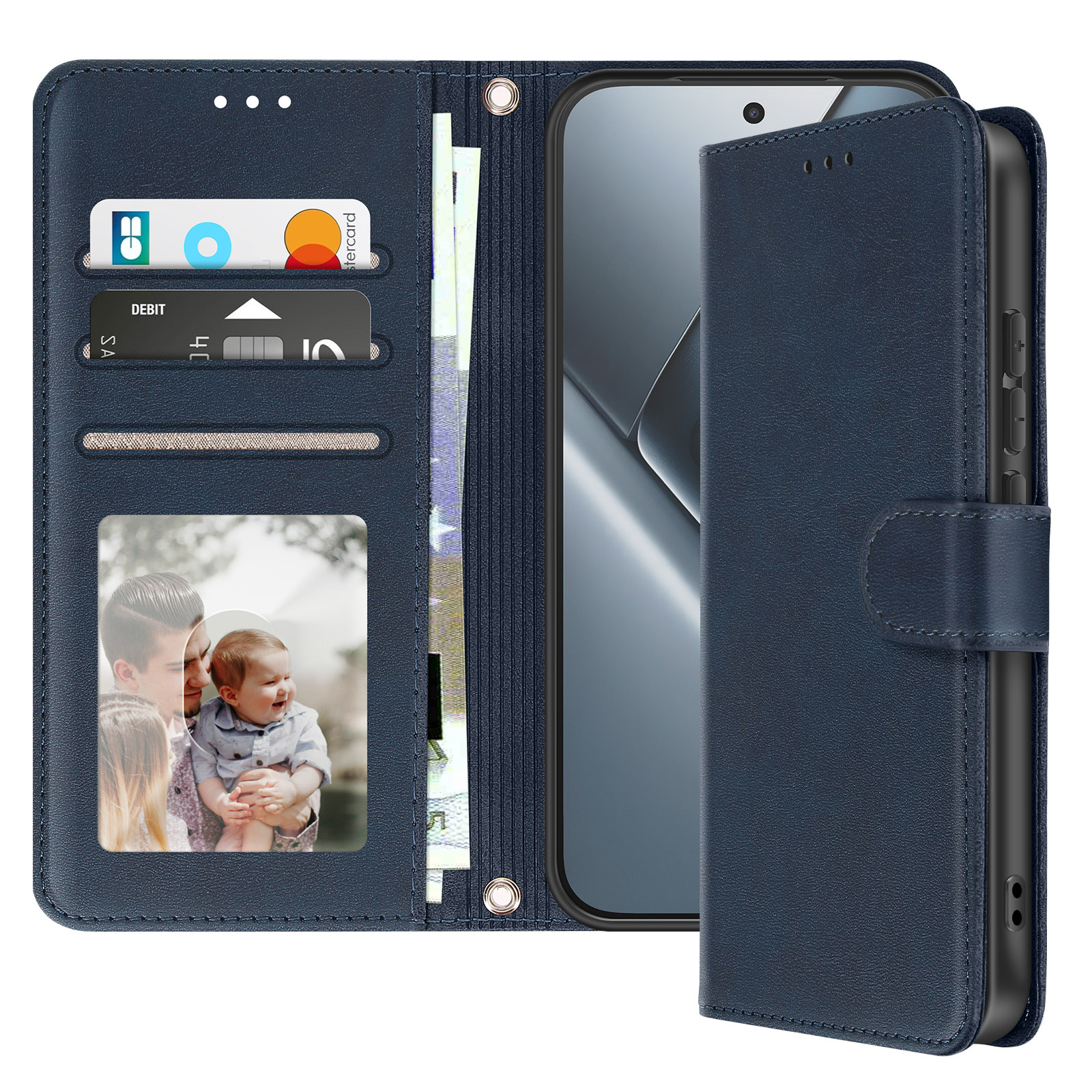 Funda tipo cartera de cuero azul oscuro con ranuras para tarjetas, bolsillo y foto.
