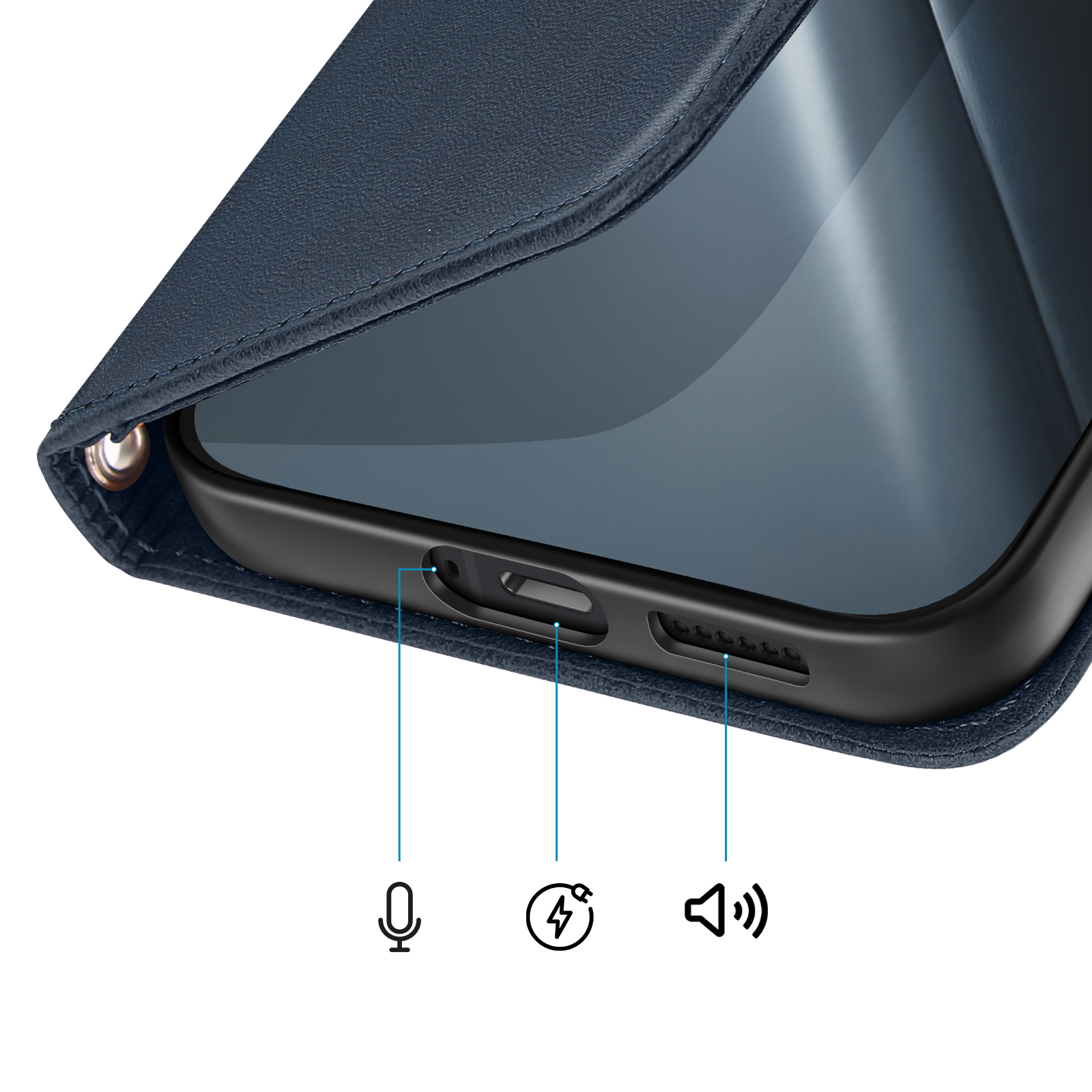 Funda azul oscuro para teléfono con recortes para micrófono, puerto de carga y altavoz.