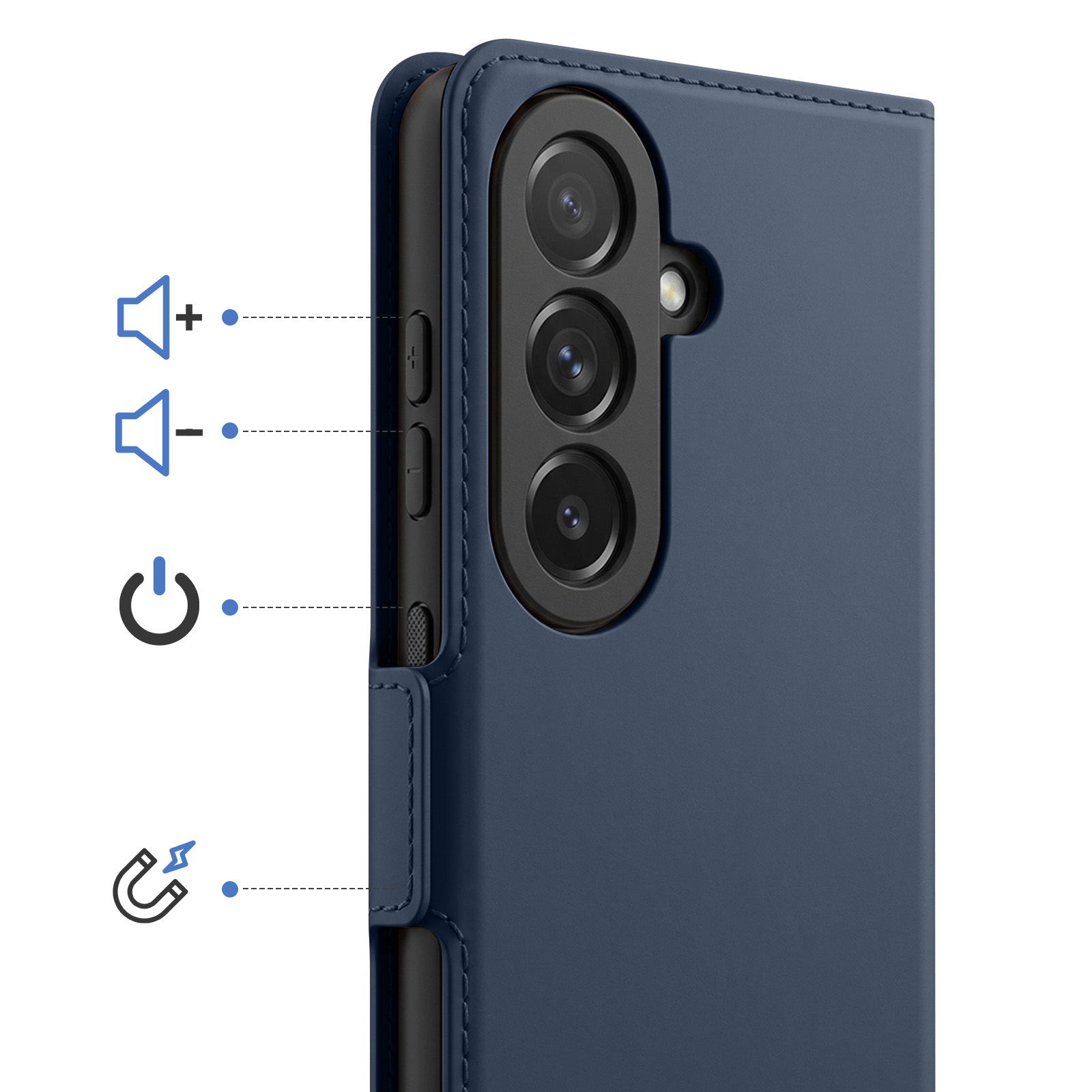 Eine blaue Handyhülle mit hervorgehobenen Lautstärke-, Ein-/Aus- und Magnetknöpfen.