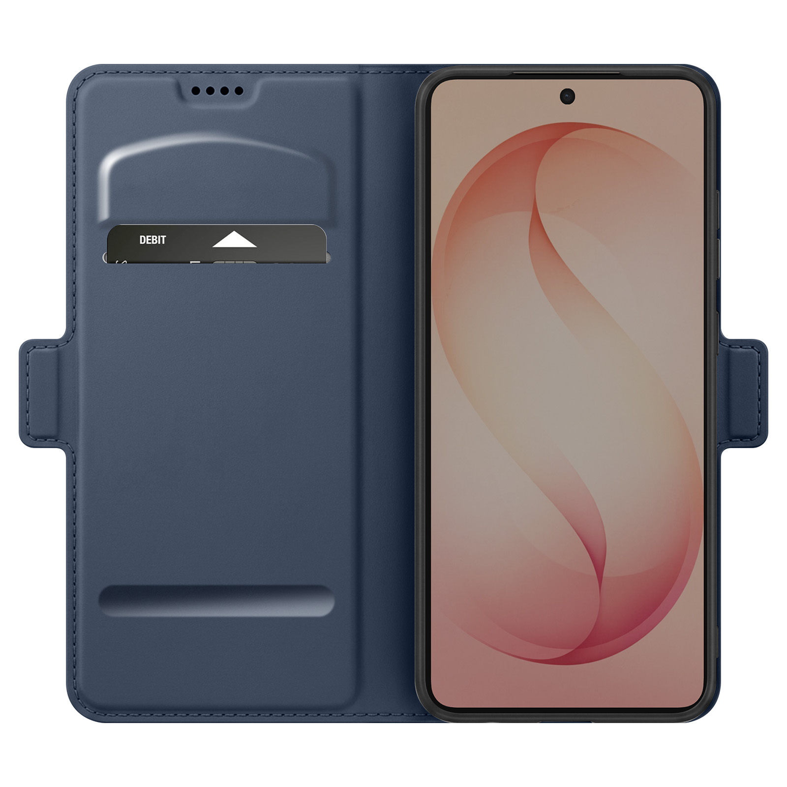 Blaues Smartphone-Flipcase mit Kartenschlitz und einem Smartphone darin.