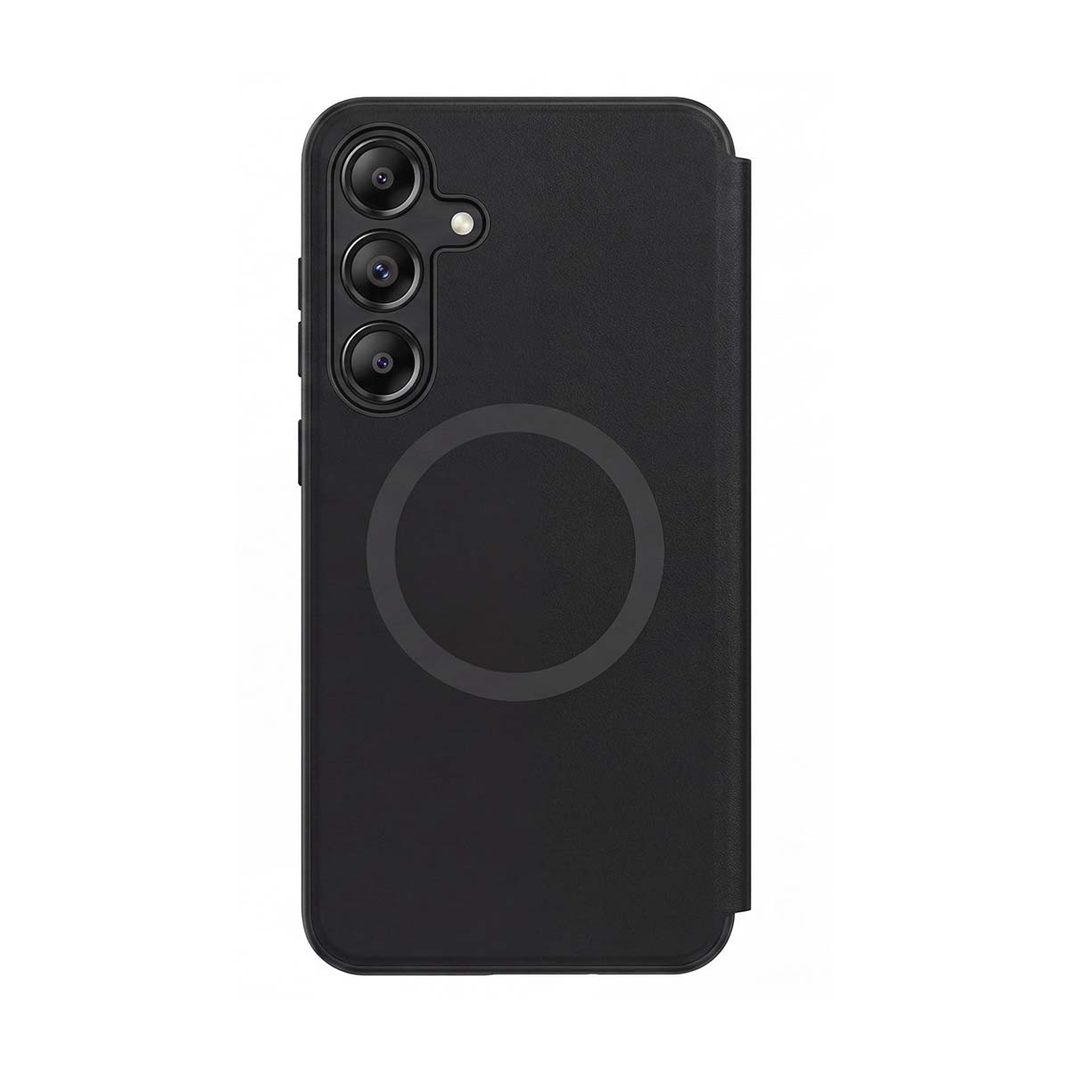Teléfono inteligente negro con tres cámaras y anillo magnético.