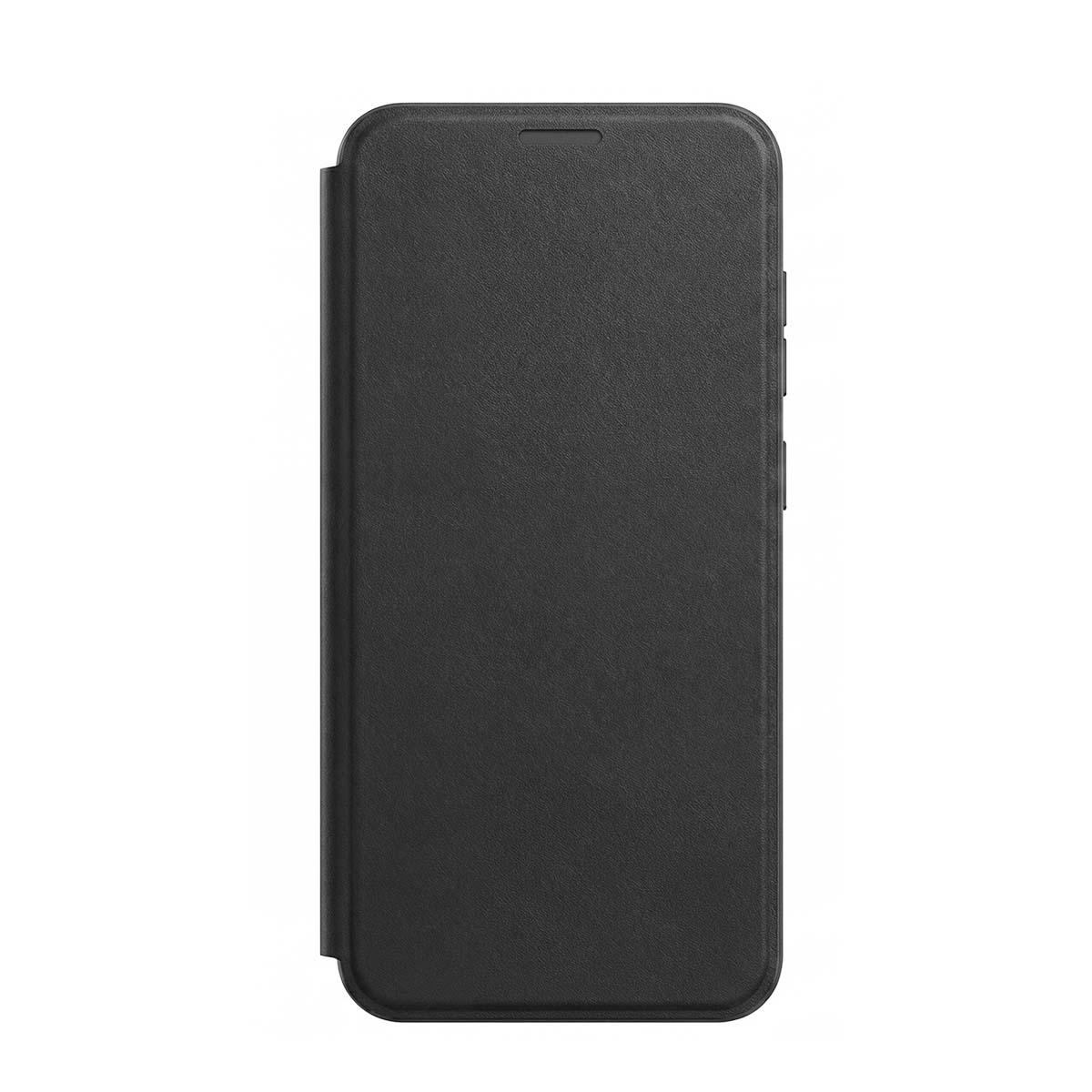 Funda tipo libro negra texturizada para teléfono, sobre fondo blanco.