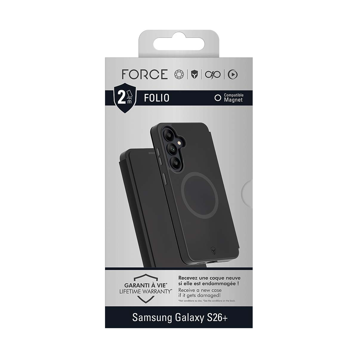 Embalaje de una funda negra Samsung S26+ con garantía de por vida.