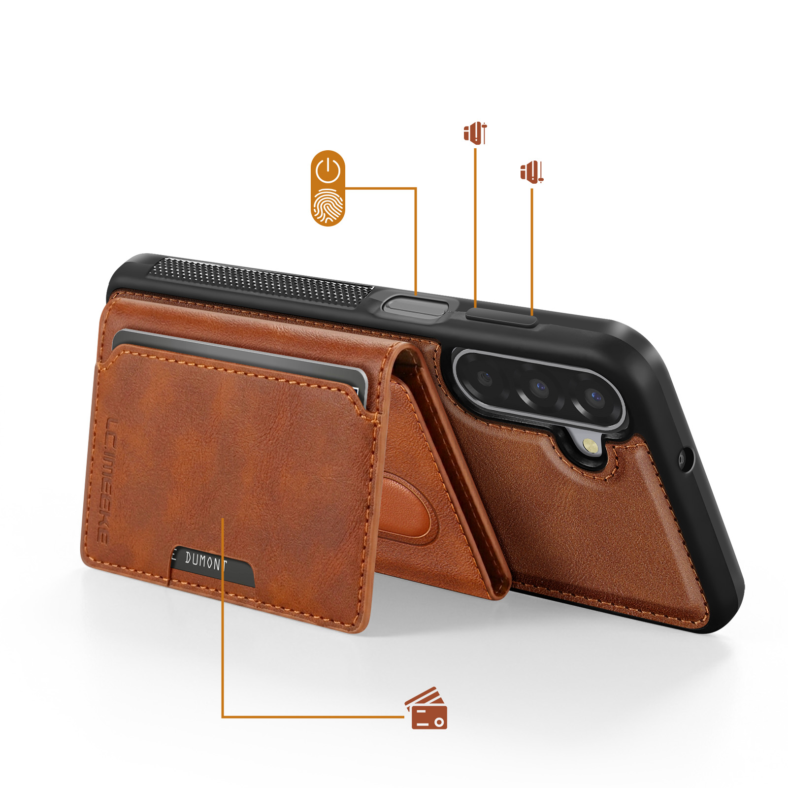 Ein braunes Lederetui für ein Smartphone mit Kartensteckplätzen und Kameraaussparung.
