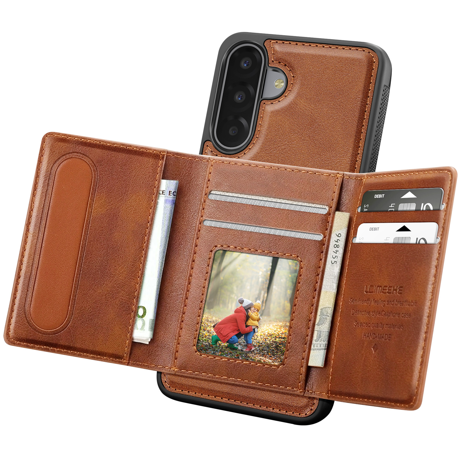 Braune Leder-Wallet-Handyhülle mit Foto, Karten und Euroscheinen.