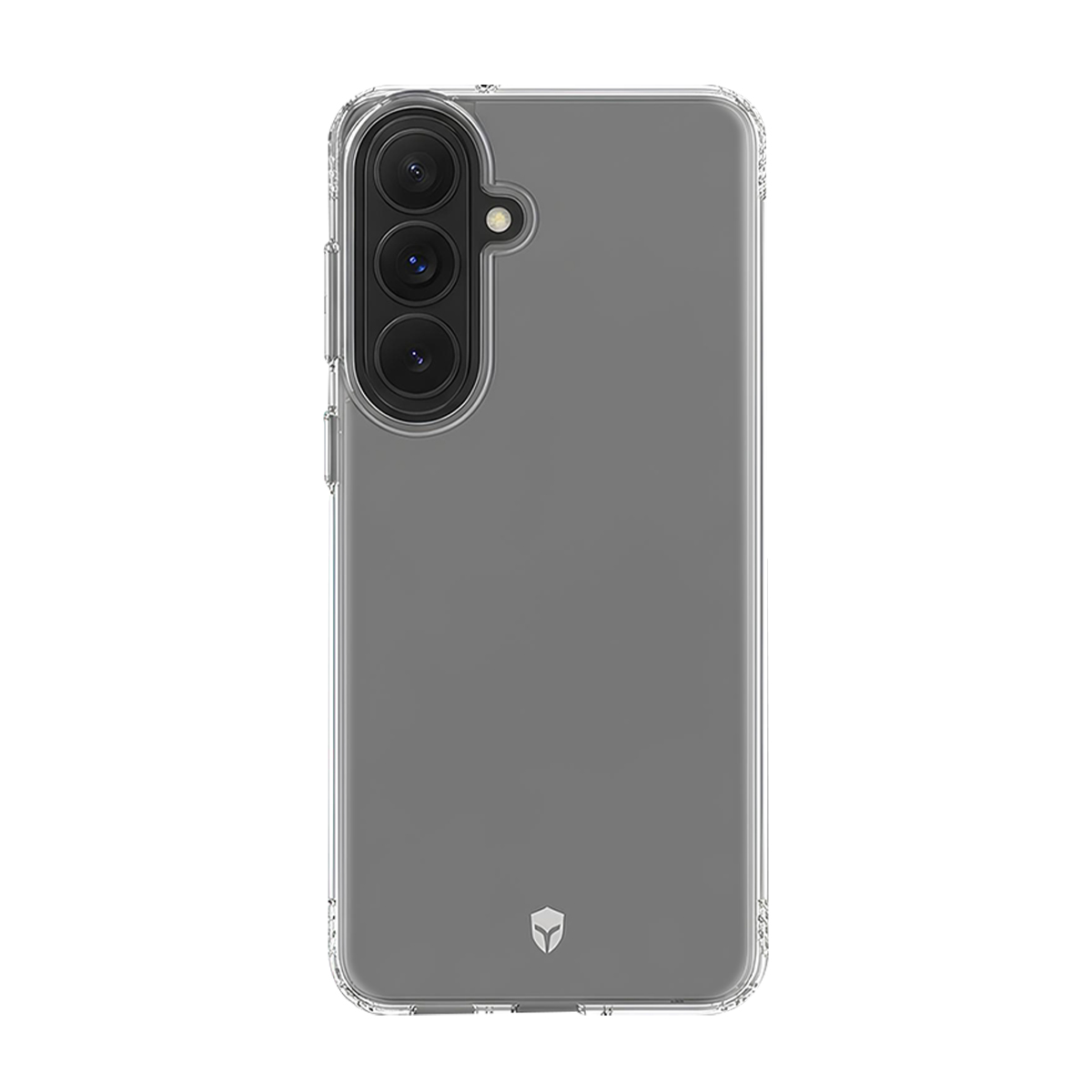 Eine transparente Handyhülle mit drei Kameras auf der Rückseite auf weißem Hintergrund.