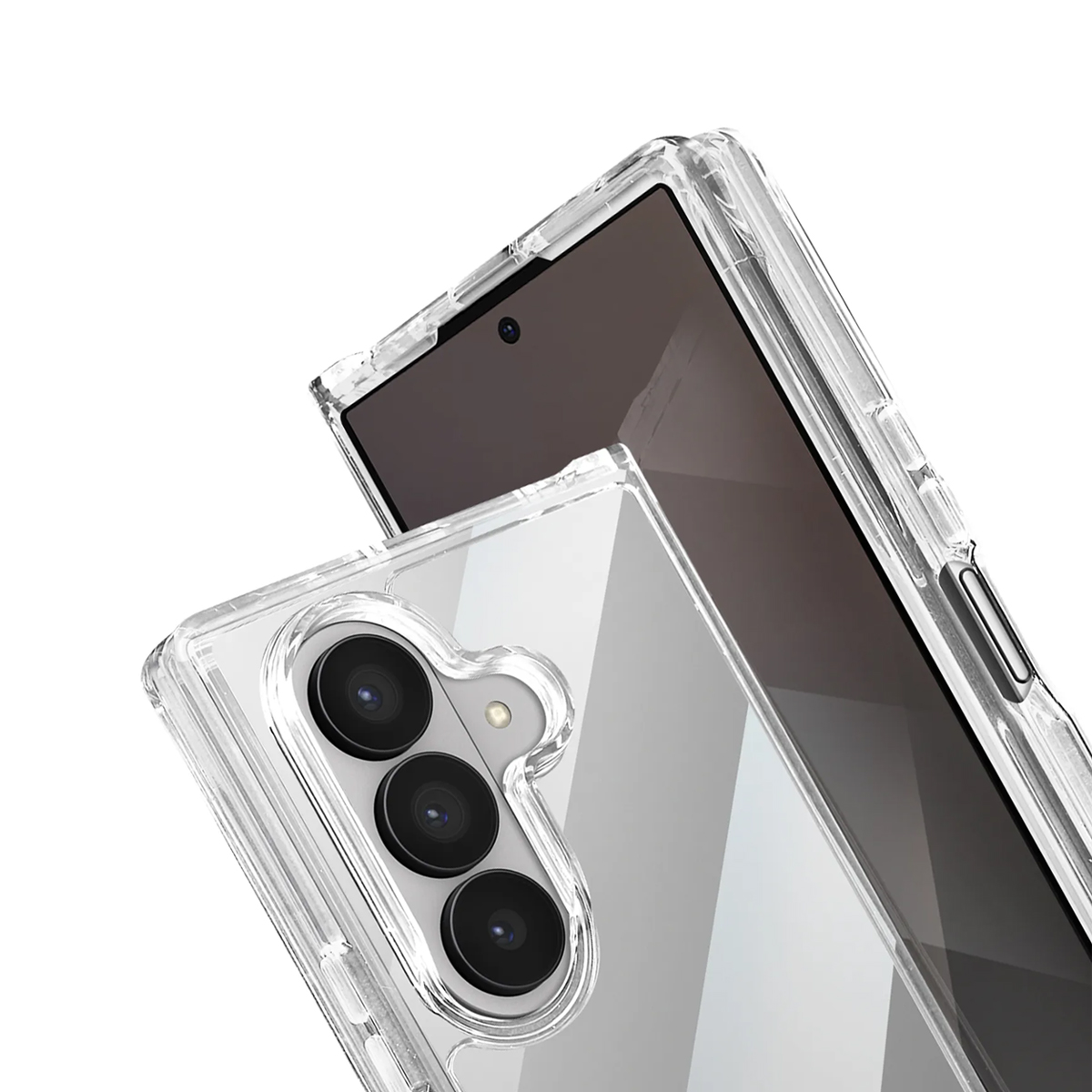 Custodia trasparente per telefono con tripla fotocamera e schermo visibile.
