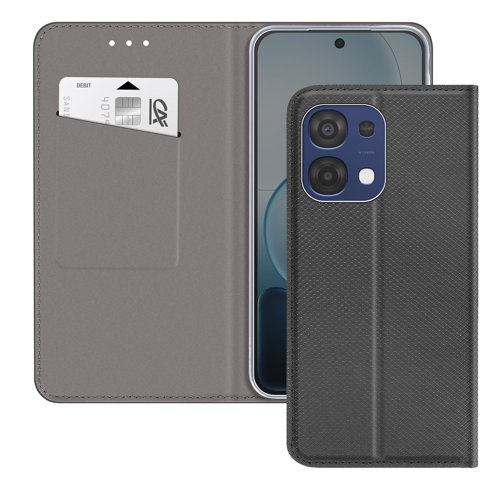 Funda tipo libro gris con ranura para tarjeta y teléfono con módulo de cámara.