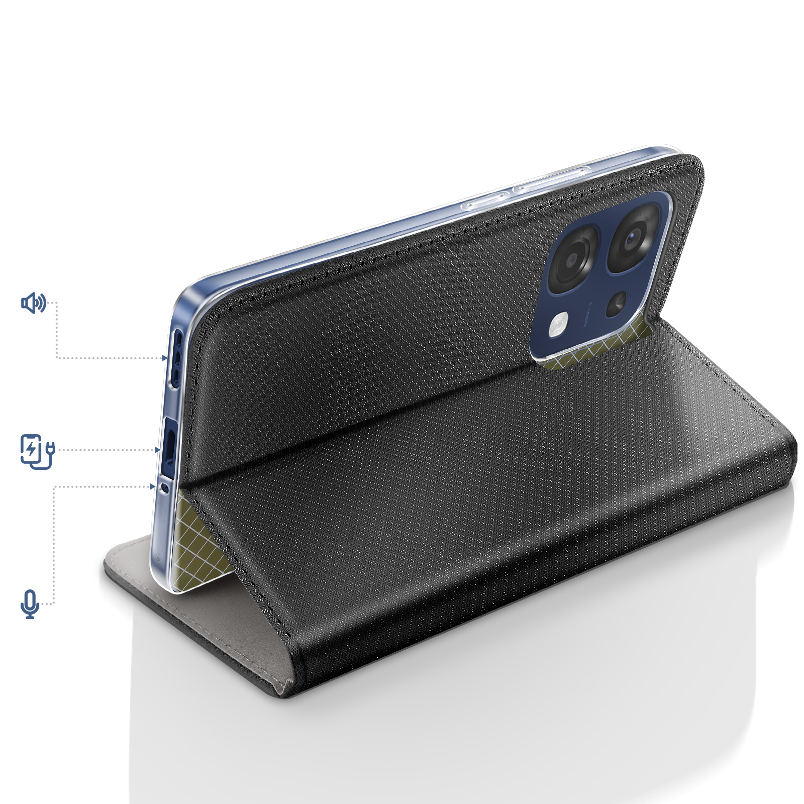 Un smartphone negro con funda, de pie sobre una superficie blanca.