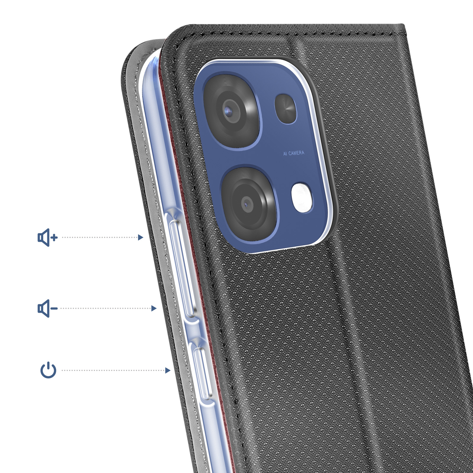 Funda de teléfono negra mostrando cámara y botones.