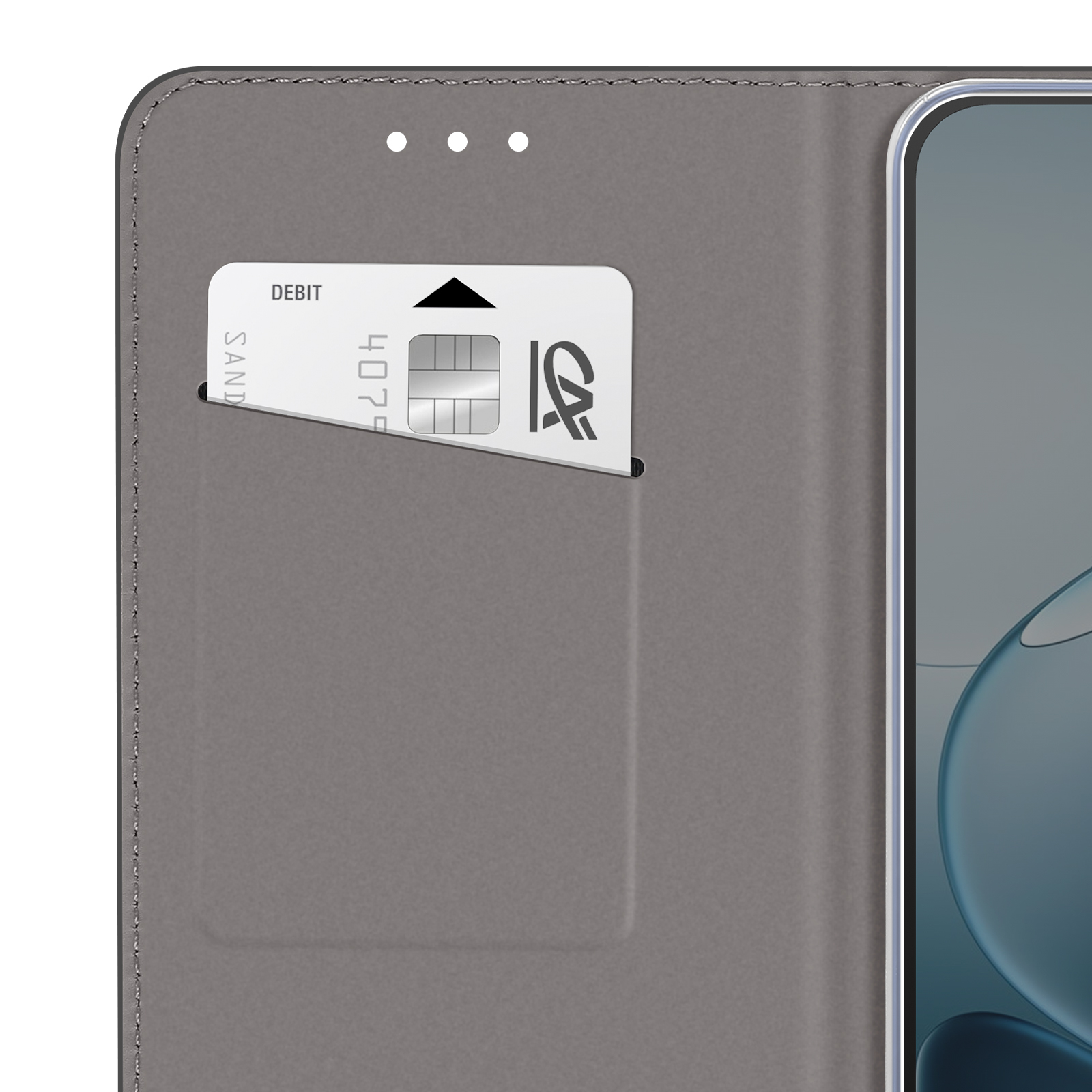 Funda de teléfono gris con ranura para tarjeta, SIM insertada.