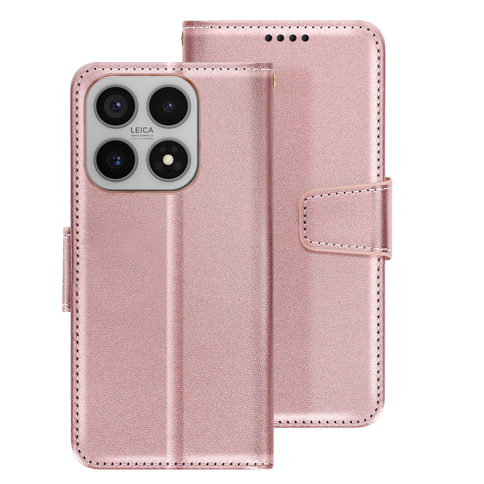 Ein roségoldenes Handy-Flipcase mit vier Kameras und Leica-Schriftzug.