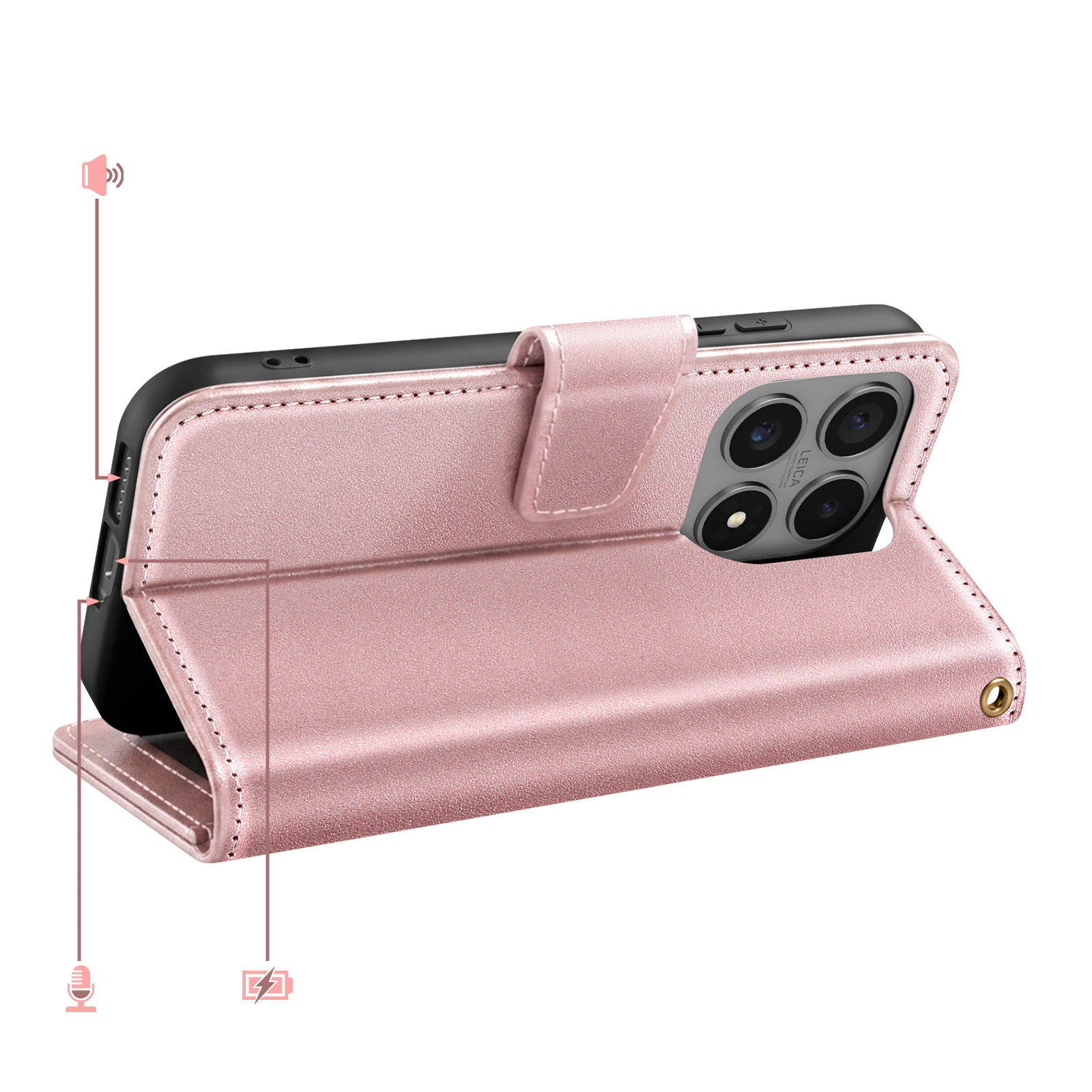 Ein roségoldenes Handycover mit Klappe, das ein Smartphone mit drei Kameras zeigt.