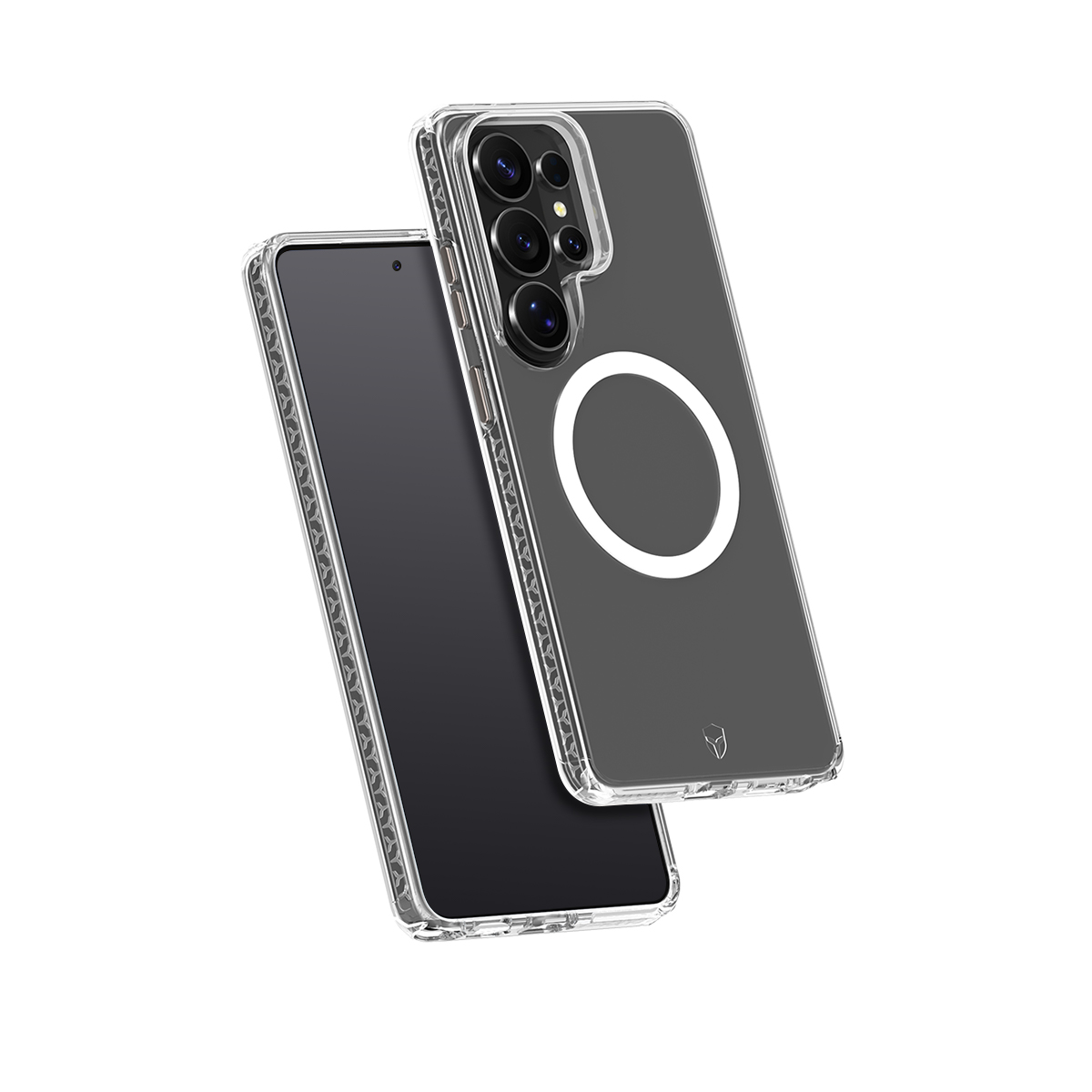 Una funda de teléfono transparente con anillo magnético sobre un teléfono negro.