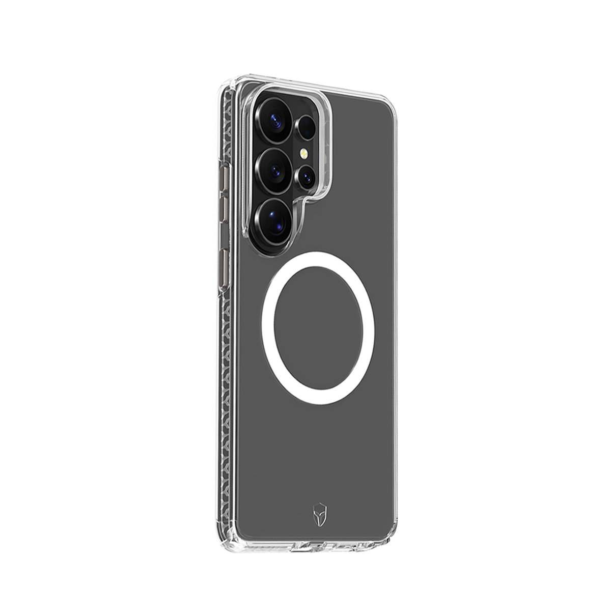 Funda transparente para teléfono con anillo MagSafe y corte de cámara.