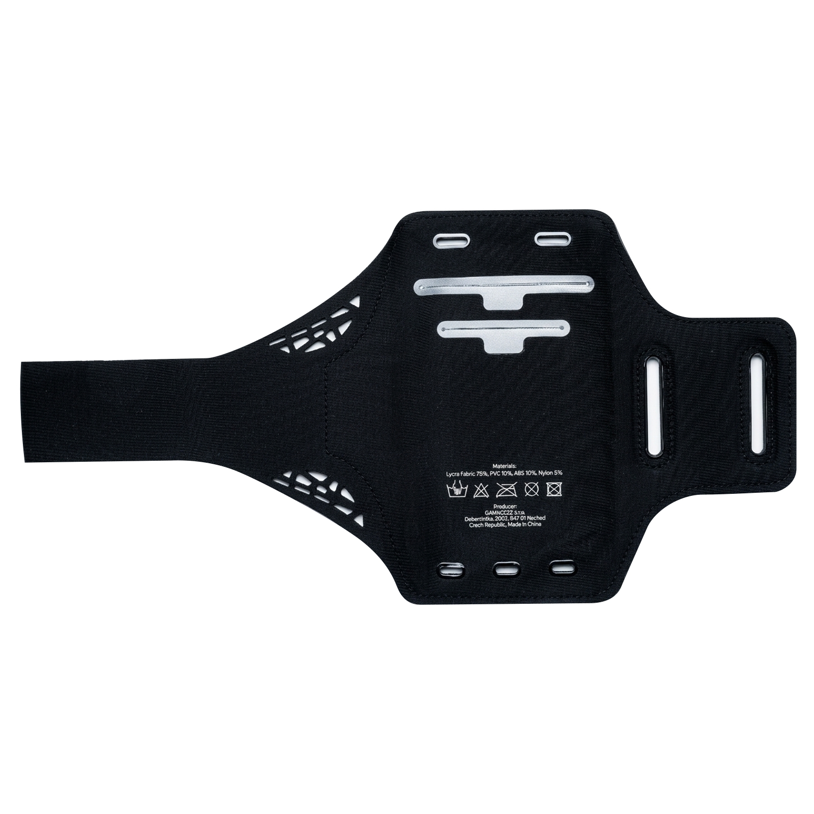 Schwarzer Stoff-Armband mit weißen geometrischen Mustern und Pflegehinweisen.
