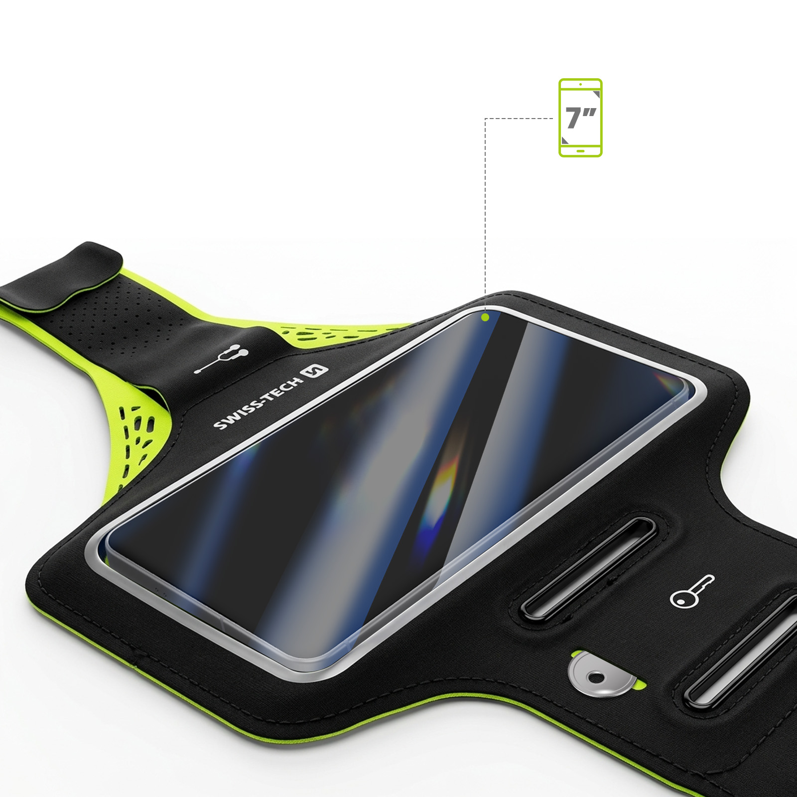Eine schwarze Sportarmbinde mit neongrüner Einfassung und einem 7-Zoll-Telefonsymbol.