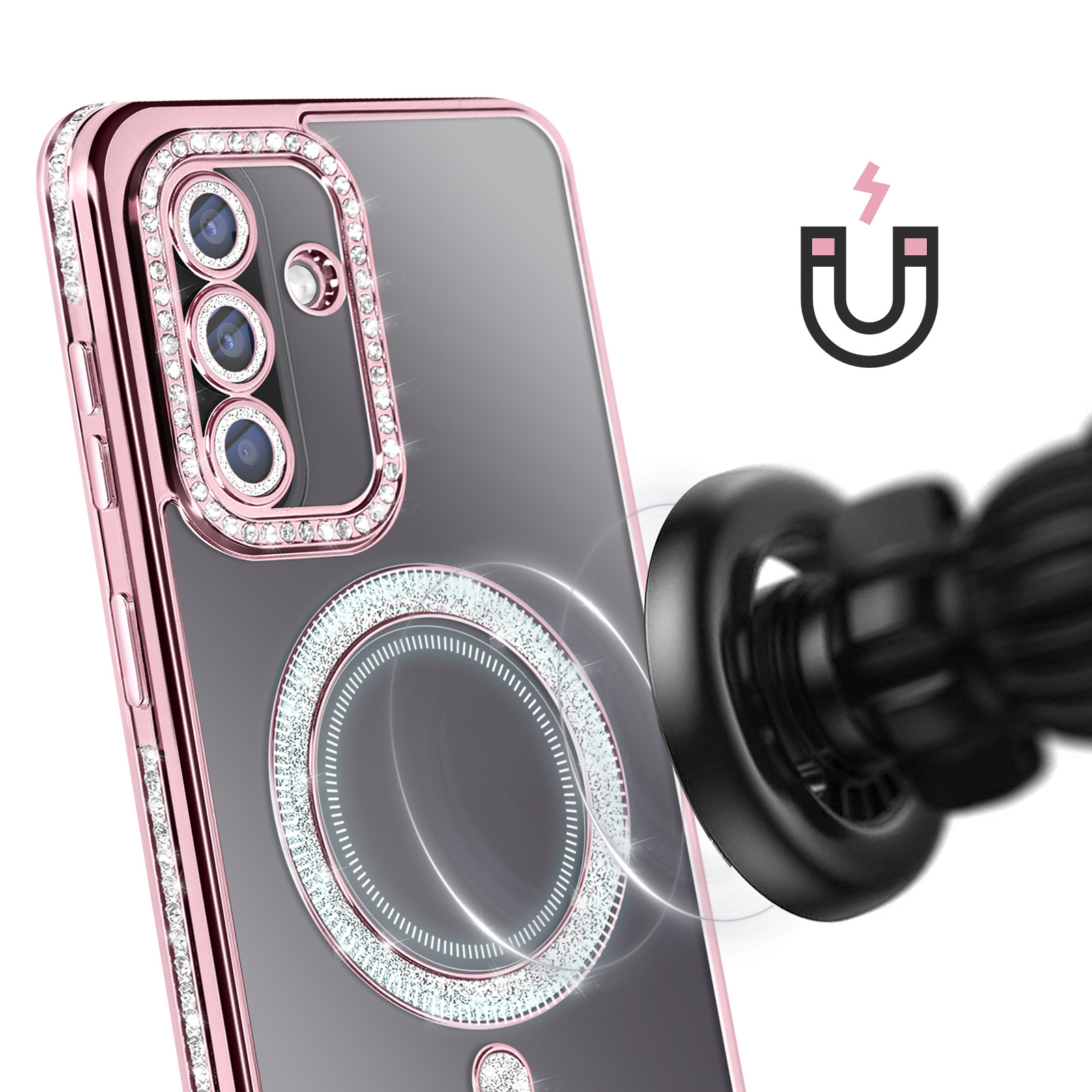 Roségoldenes Handyhülle mit Strasssteinen und Magnetring, nahaufnahme.