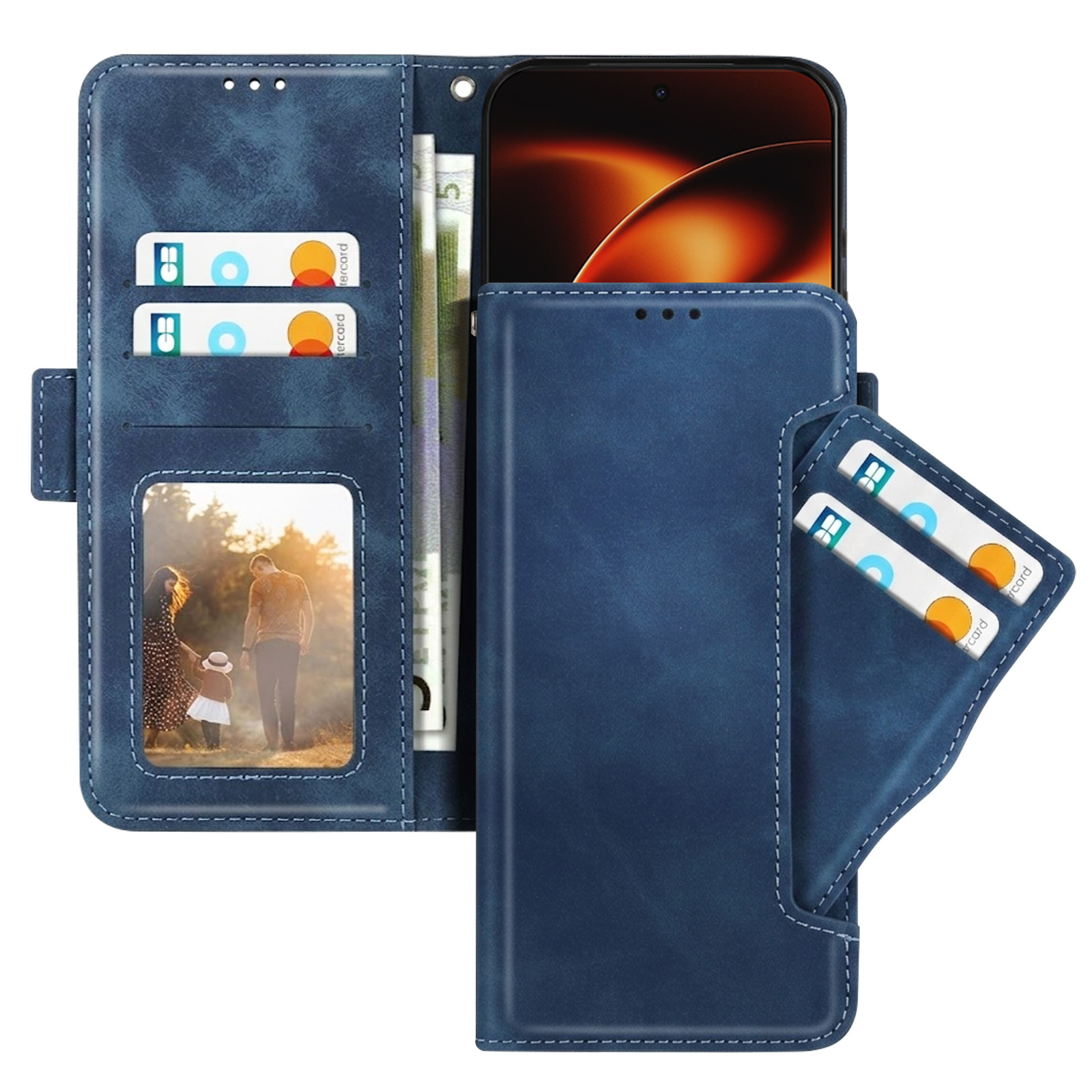 Blaue Handyhülle mit Kartenfächern, Geldscheinfach und Familienfoto.