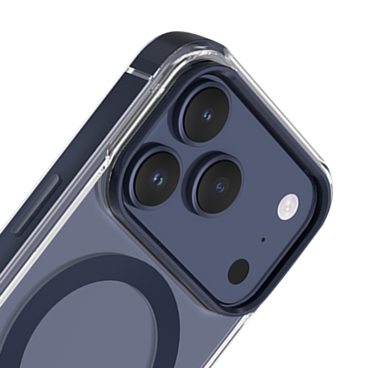 Rückseite eines blauen iPhones mit drei Kameras und Blitz.