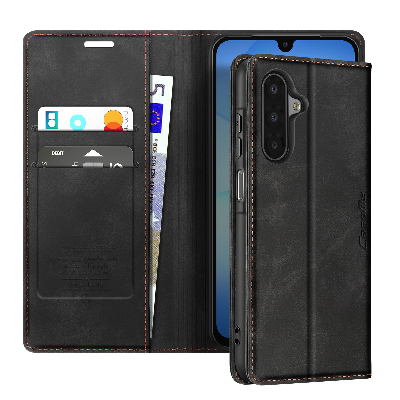 Funda tipo cartera de cuero negro para smartphone, con ranuras para tarjetas y bolsillo.