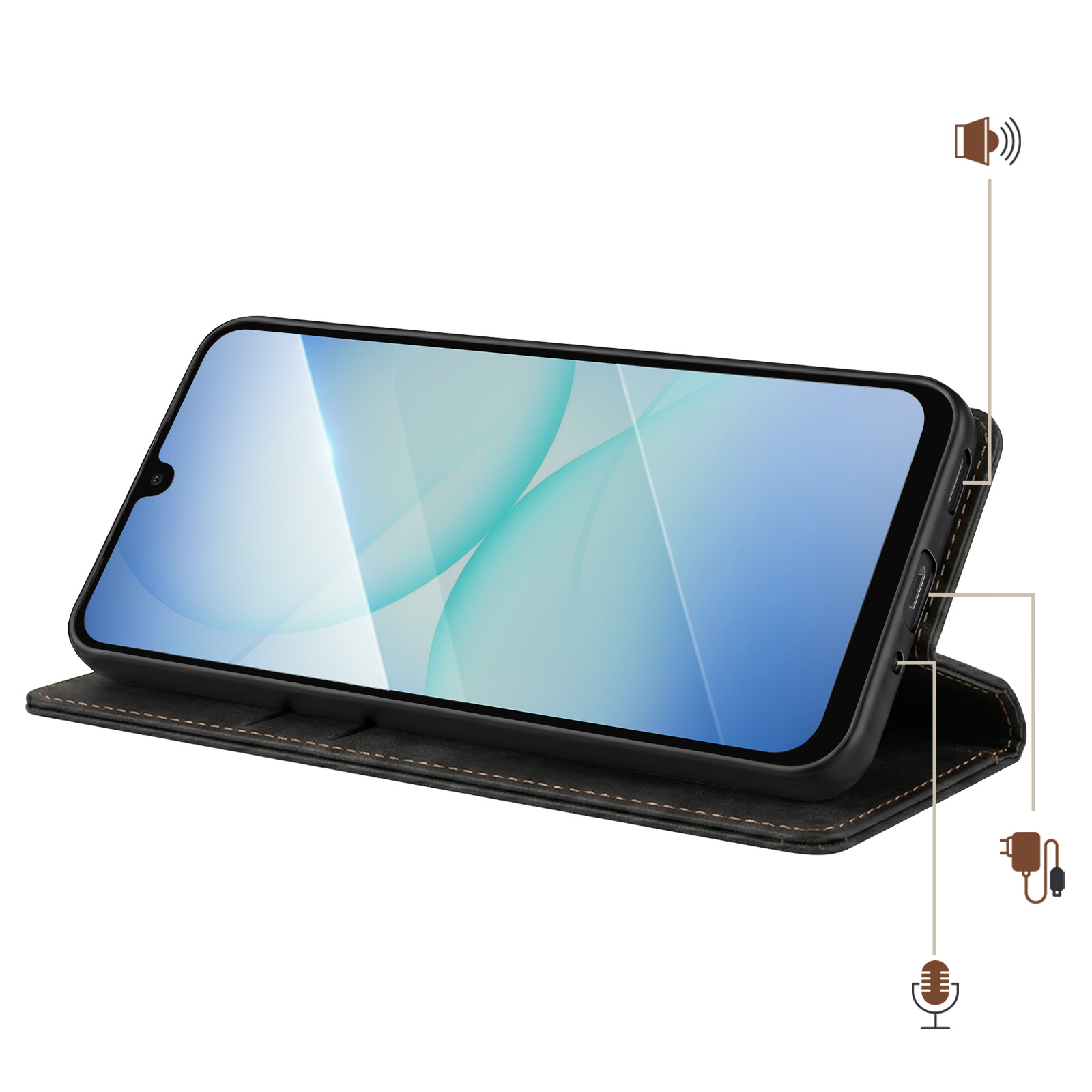 Funda de teléfono negra con función de soporte, muestra altavoz, micrófono y puerto de carga.