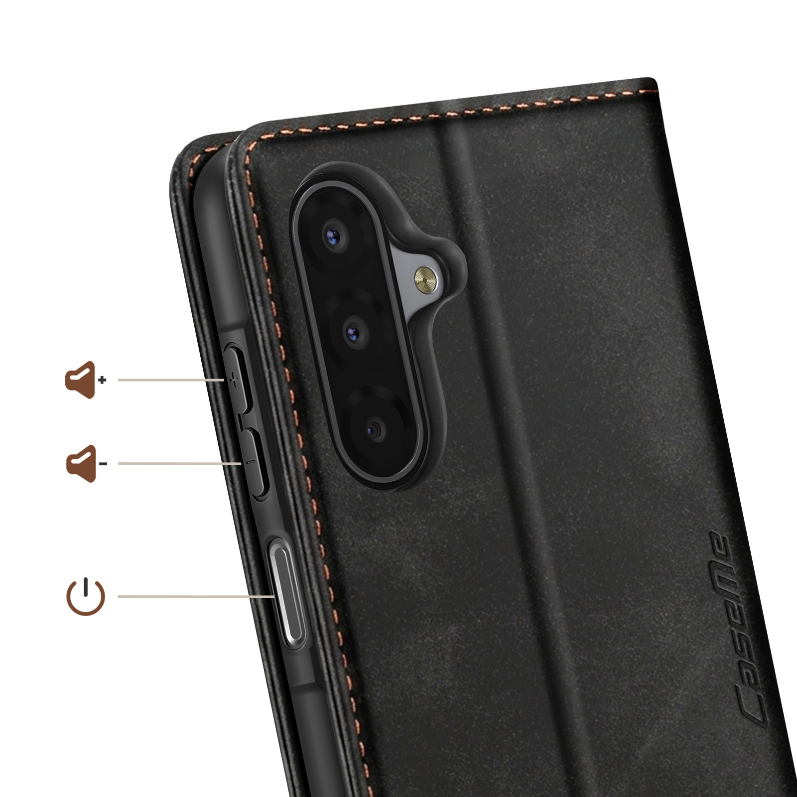 Funda de teléfono negra con costuras, cámara y botones.