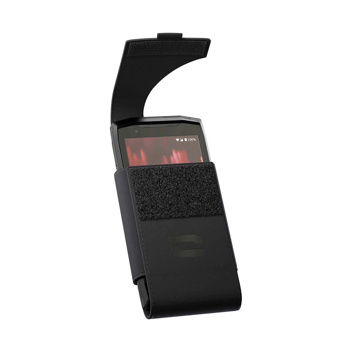 Funda negra para teléfono con tapa abierta, muestra un smartphone con 100% de batería.