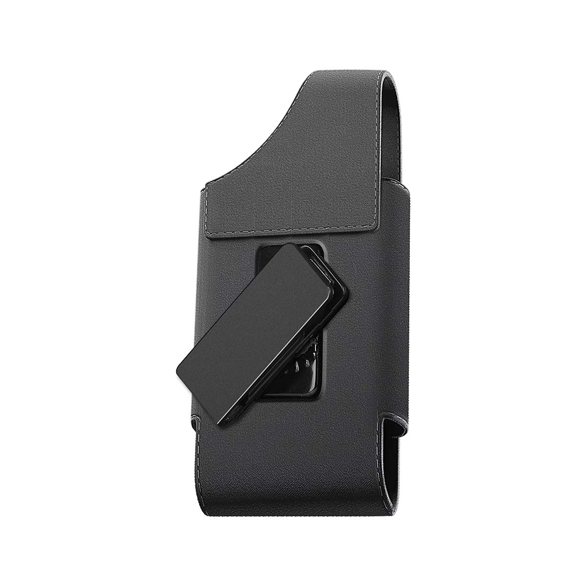 Una funda negra para teléfono con clip para cinturón y un smartphone negro insertado.