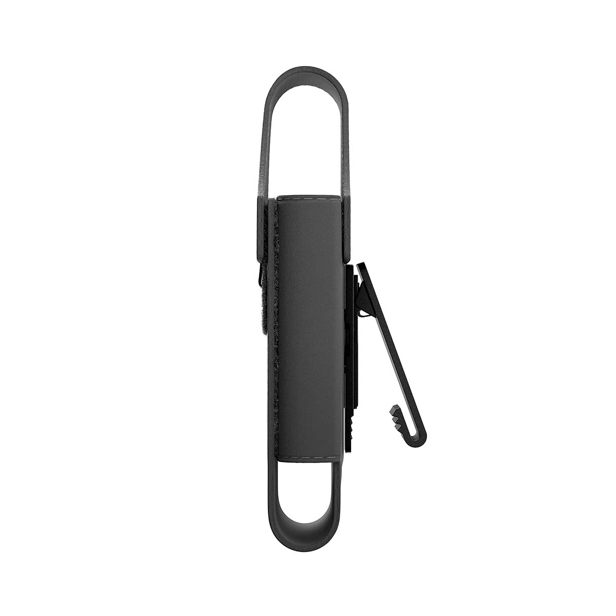 Funda negra para teléfono con clip para cinturón y presilla, vista lateral.